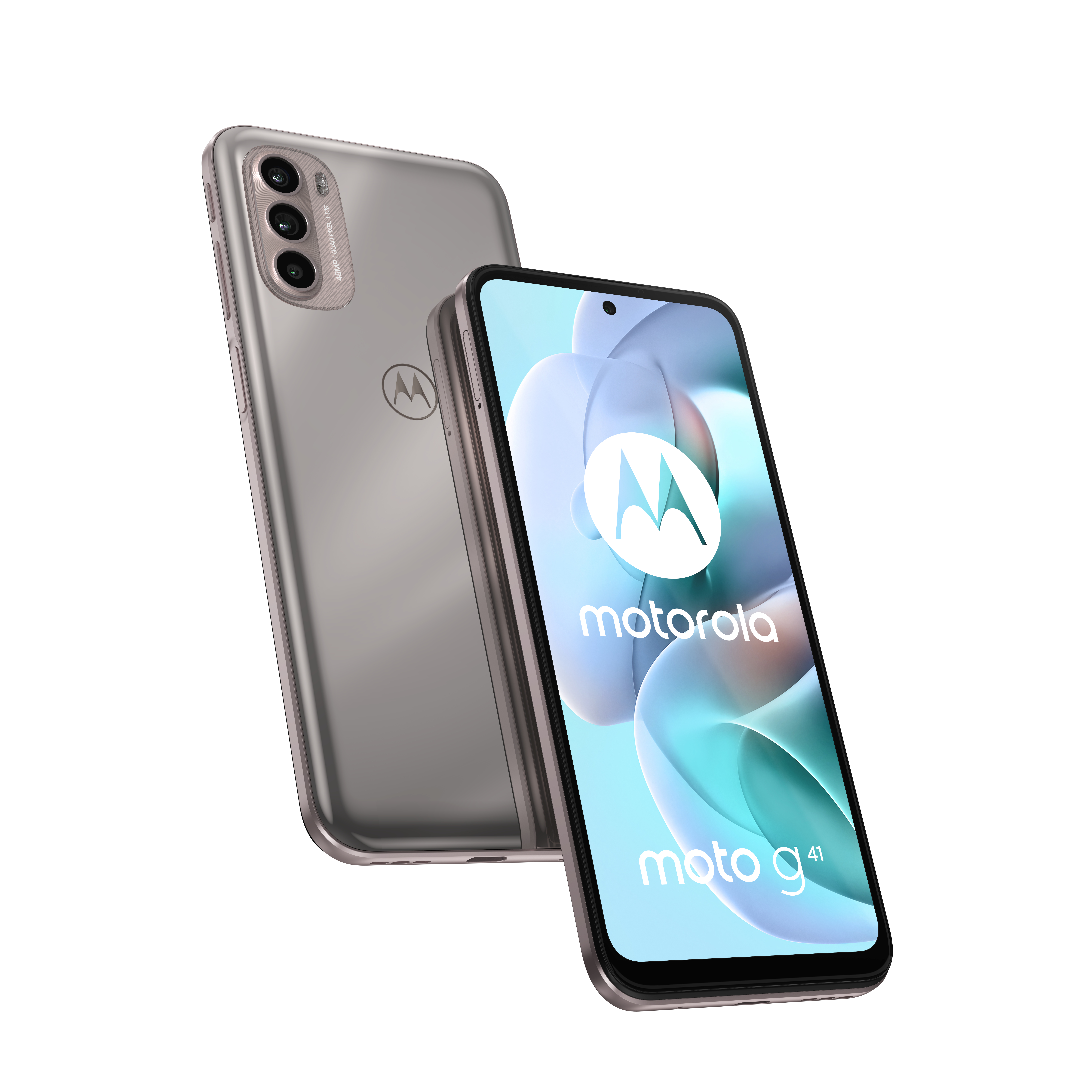 Graues Motorola-Telefon angewinkelt, mit Logo. Ein anderes Telefon dahinter. Weißer Hintergrund.