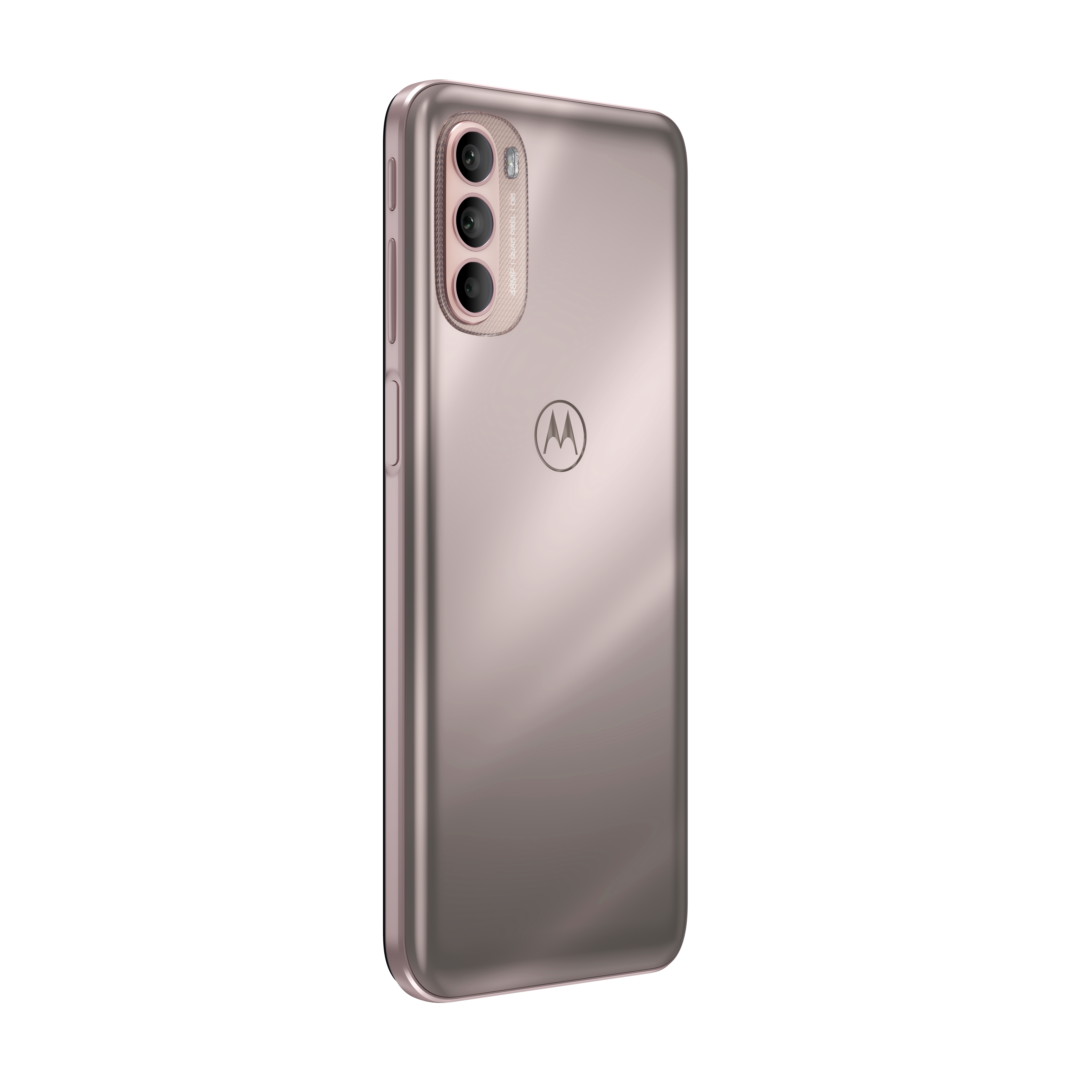 Rückansicht eines Smartphones in roségoldener Farbe, mit Kameras und Markenlogo.