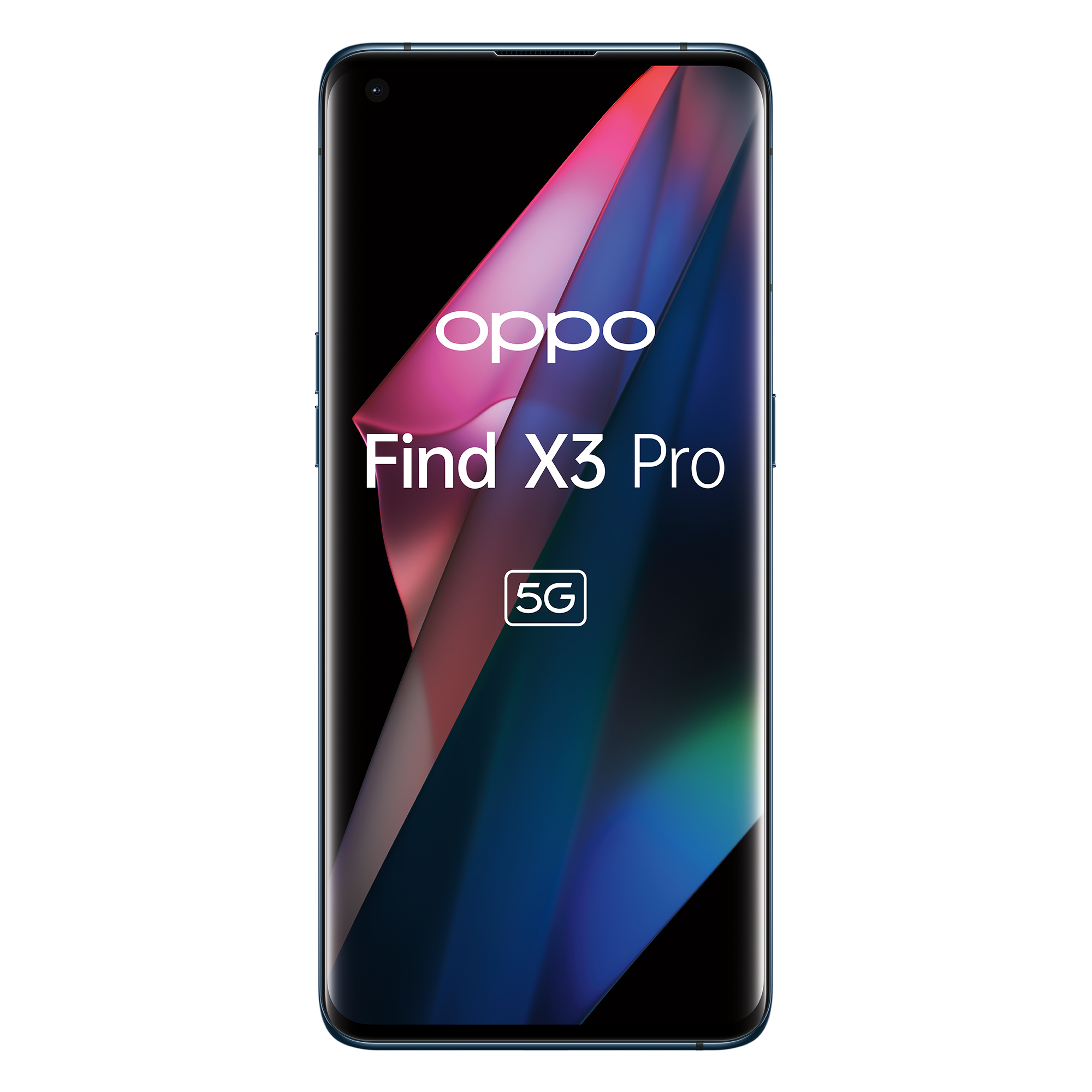 Niebieski smartfon z logo Oppo Find X3 Pro na ekranie, na białym tle.
