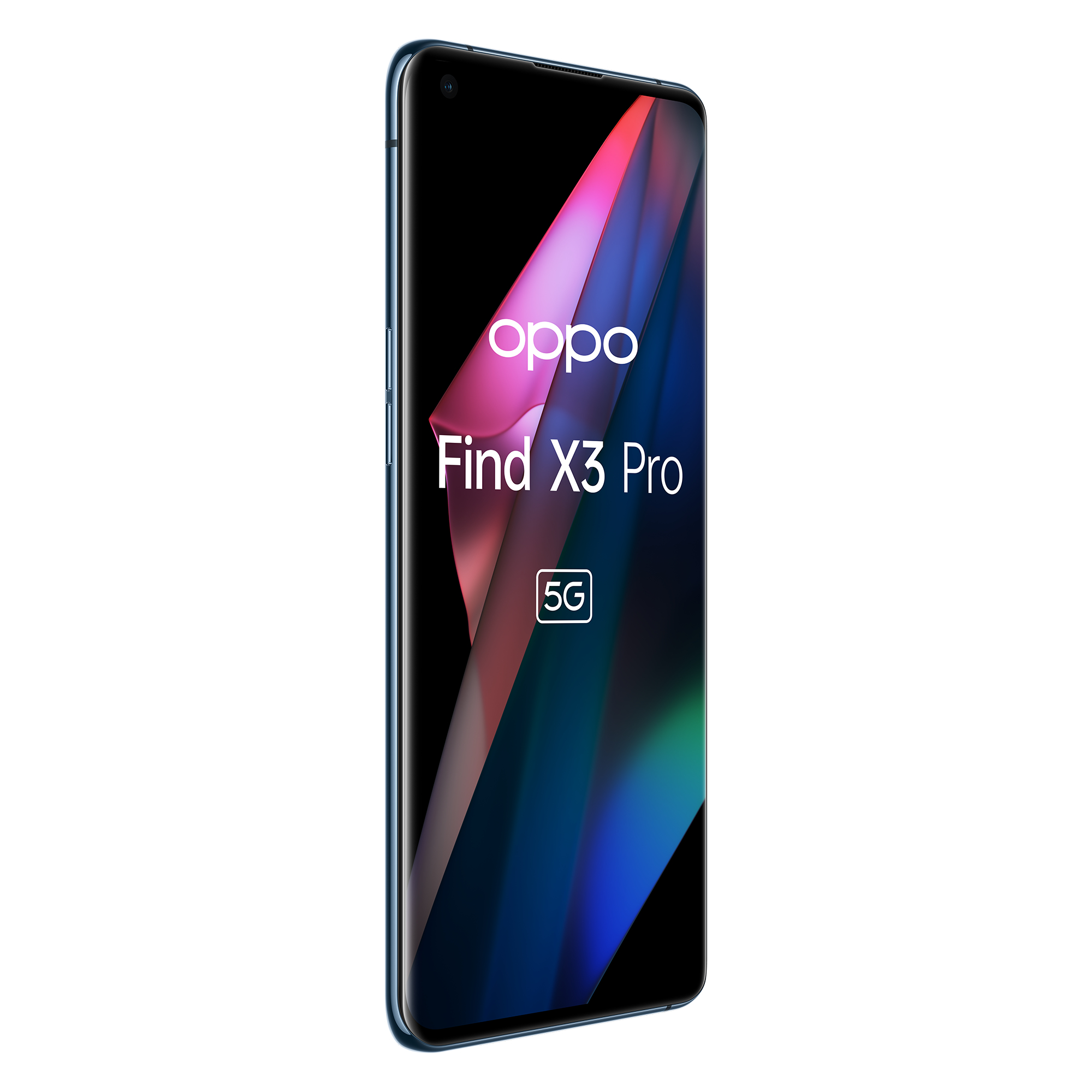 Oppo Find X3 Pro na białym tle. Ekran wyświetla tekst Oppo. Widok z boku telefonu widoczny.