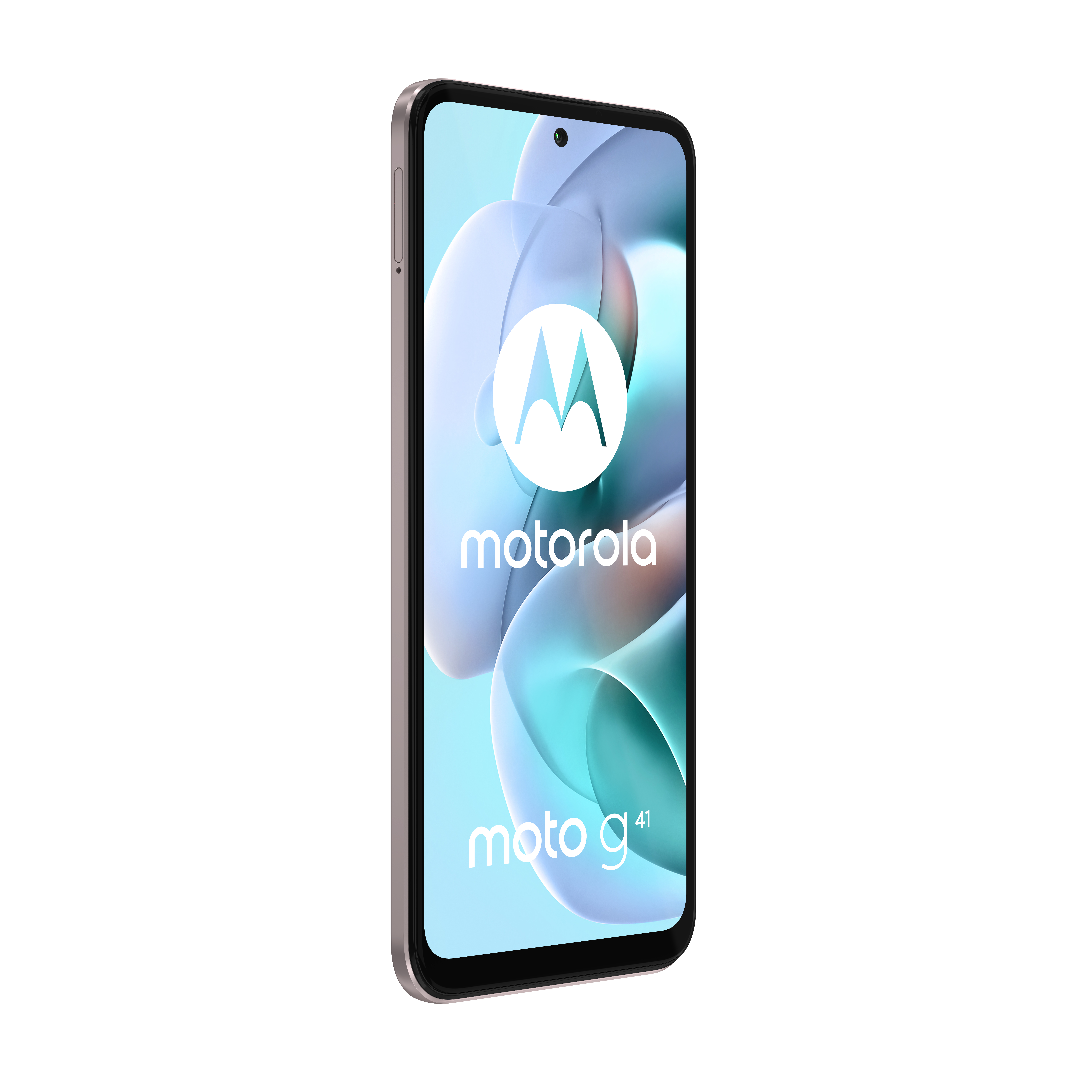 Telefon mit Moto G41-Text auf dem Bildschirm. Motorola-Logo oben. Weißer Hintergrund.