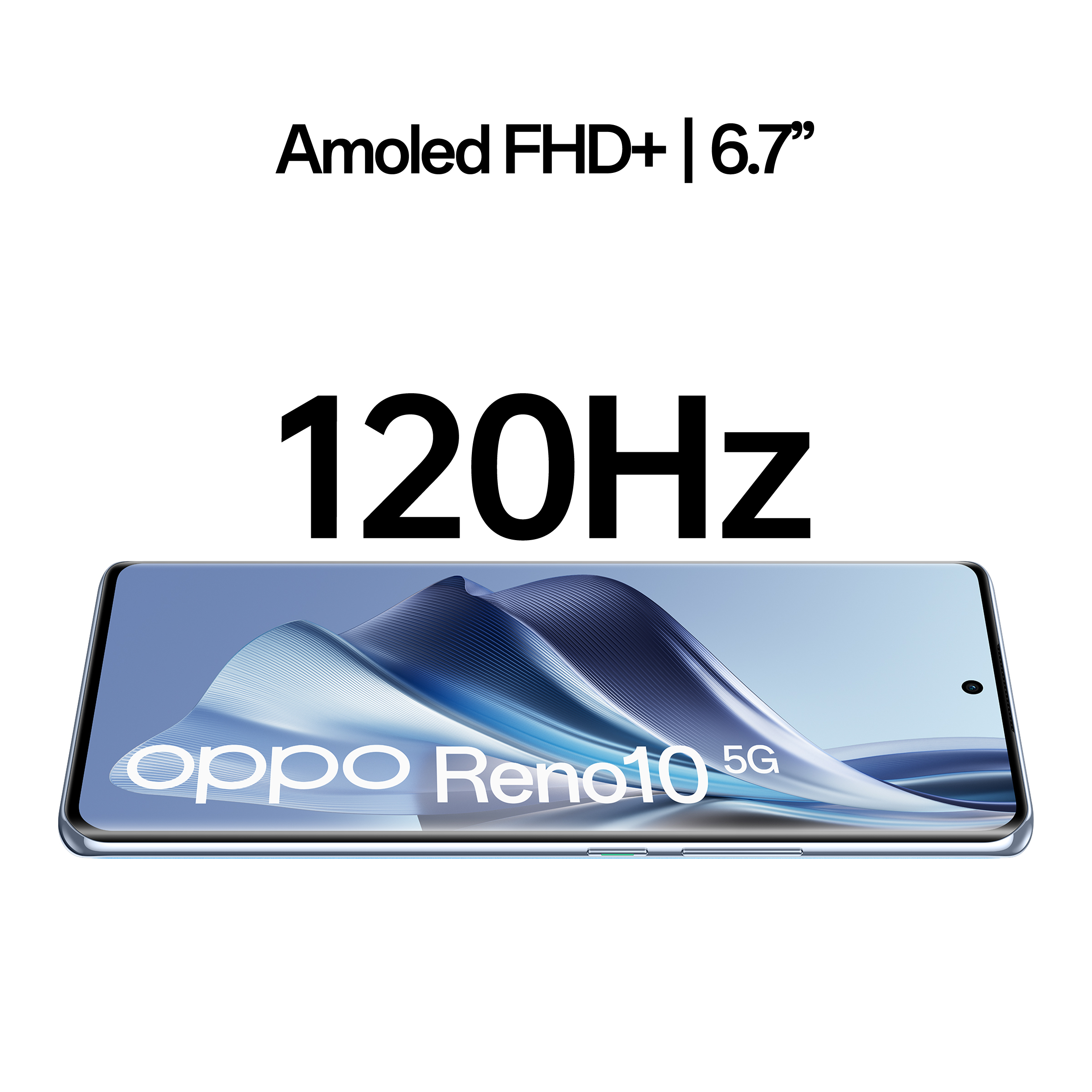 Smartfon Oppo Reno10 5G na wyświetlaczu. Niebieski ekran z białymi falami, nakładka tekstowa. Czarna ramka, białe tło.