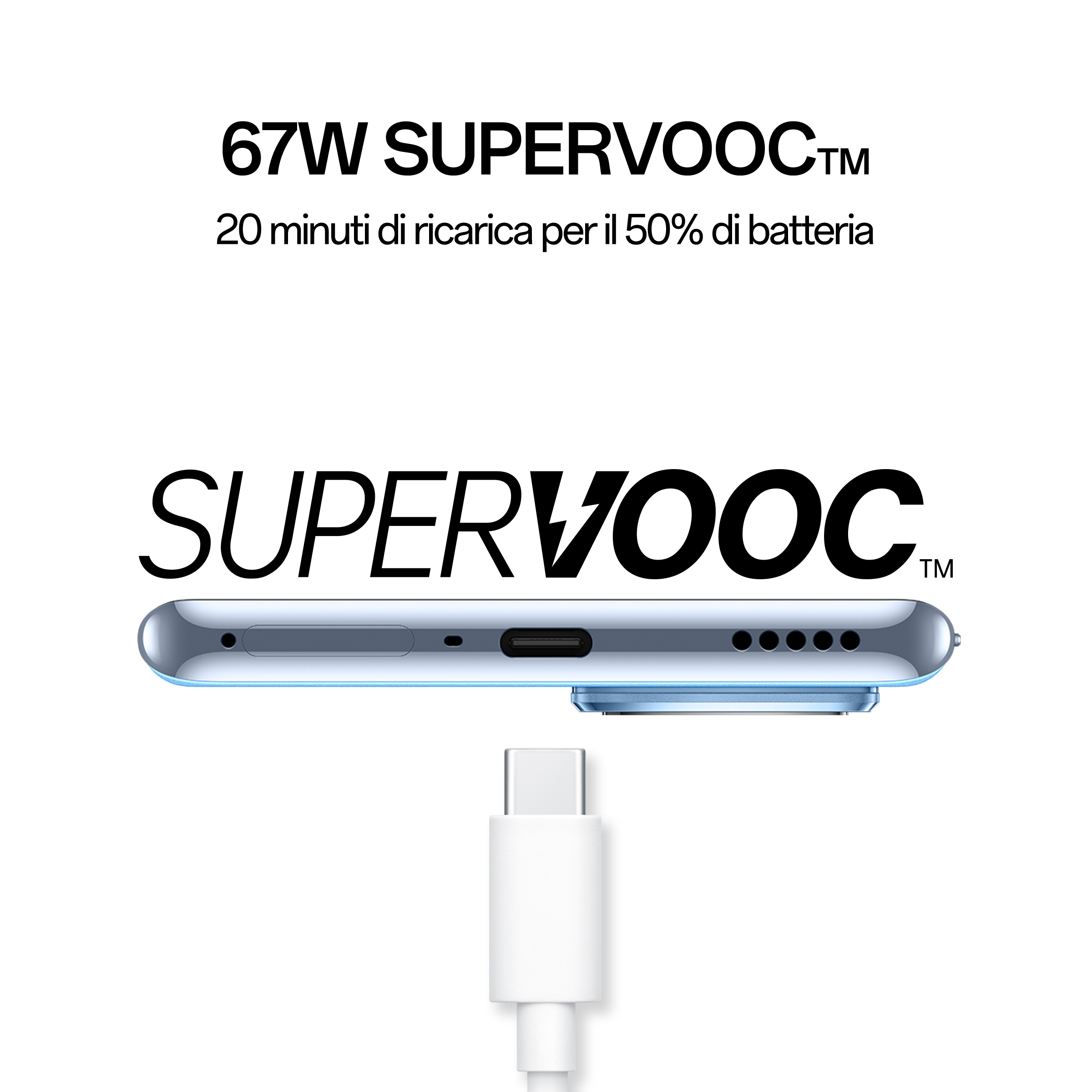 Widok od dołu telefonu z ładowarką. Tekst: 67W SUPERVOOC, 20min ładowania dla 50% baterii. Tekst SUPERVOOC poniżej.