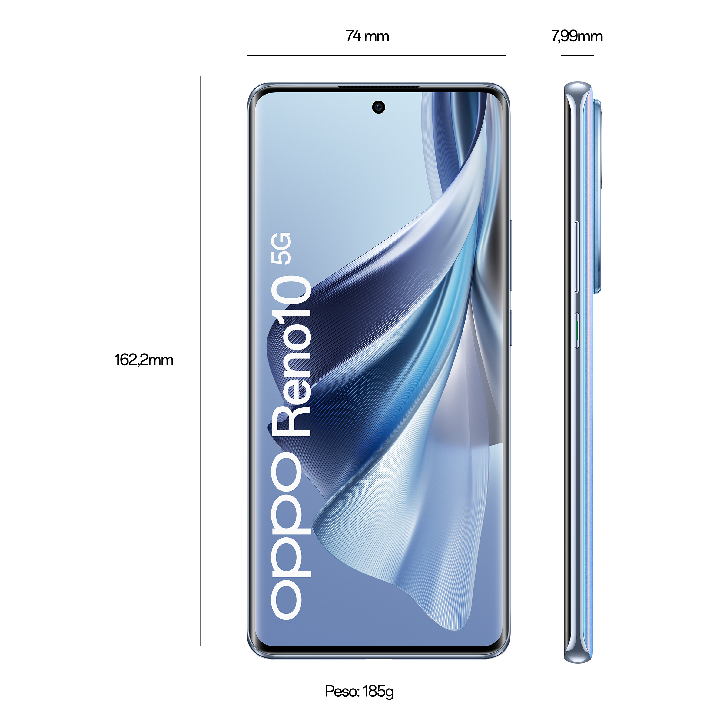Obraz przedstawia telefon Oppo Reno10 5G z wymiarami i szczegółami wagi.