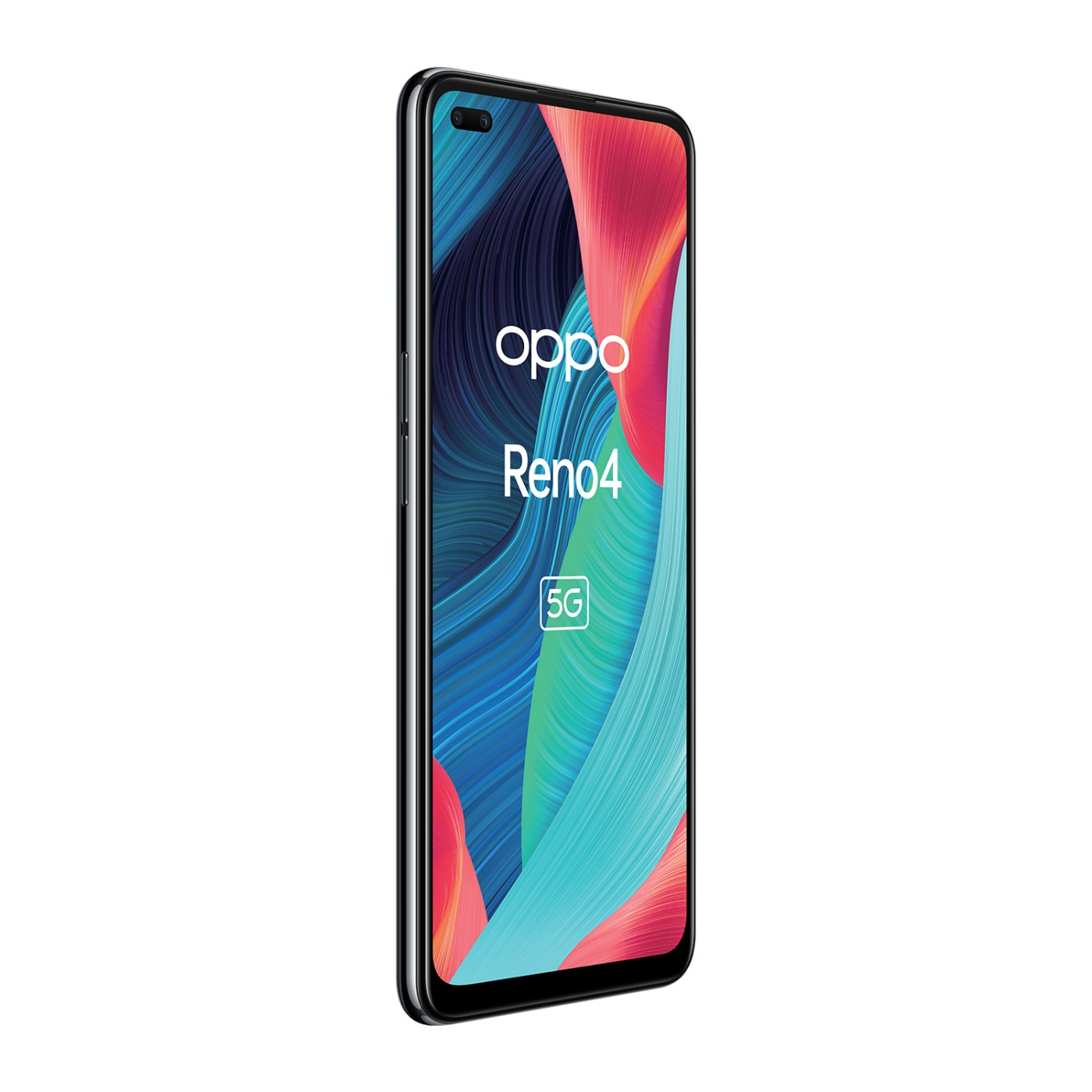 Teléfono Oppo Reno4 en exhibición, mostrando pantalla colorida. Fondo blanco.