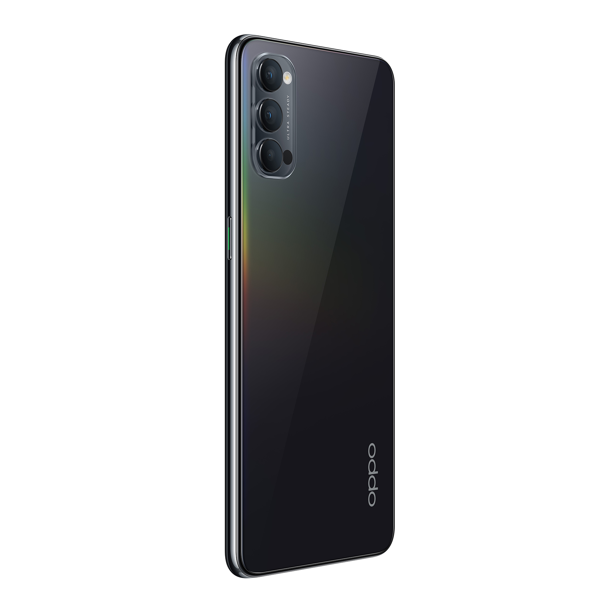 Parte trasera de un smartphone negro, con módulo de cámara arriba izquierda y logo Oppo.