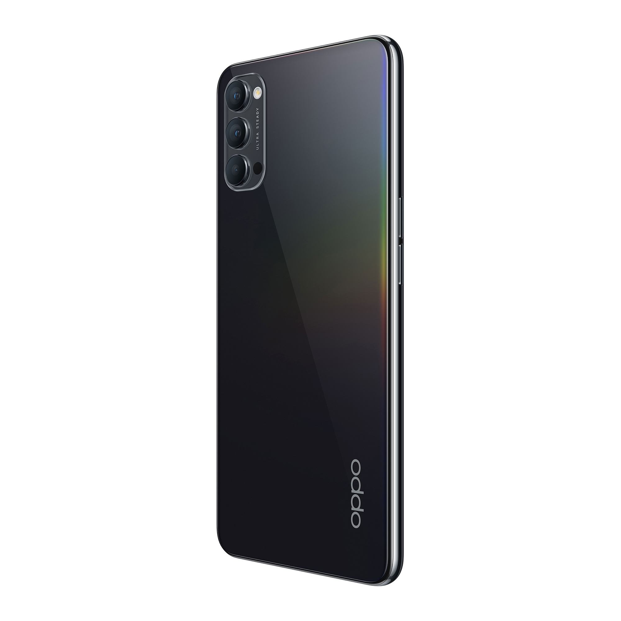 Parte trasera negra de smartphone Oppo, con configuración de triple cámara. Logo Oppo visible.