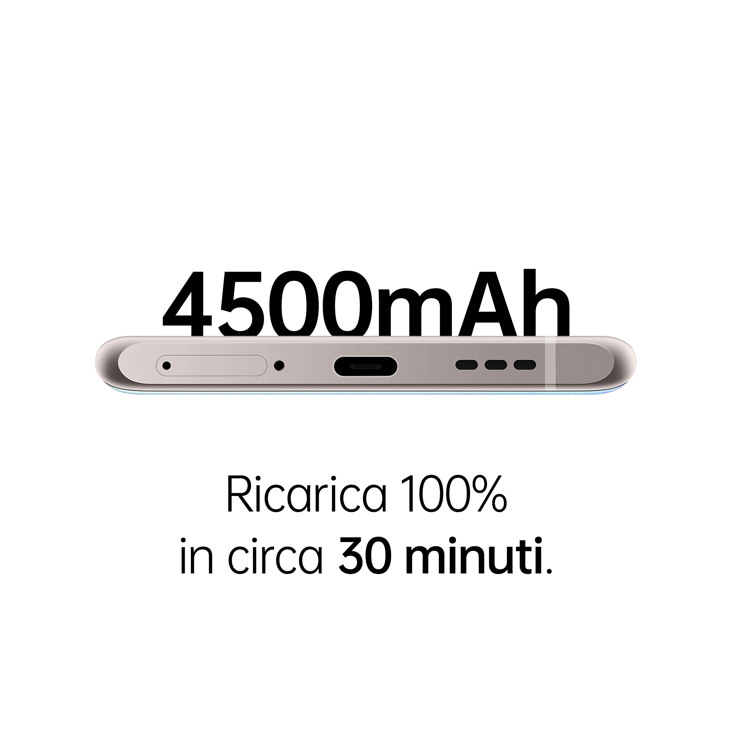 Vista del borde inferior del teléfono que muestra el puerto de carga. Texto: 4500 mAh y 30 min de carga.