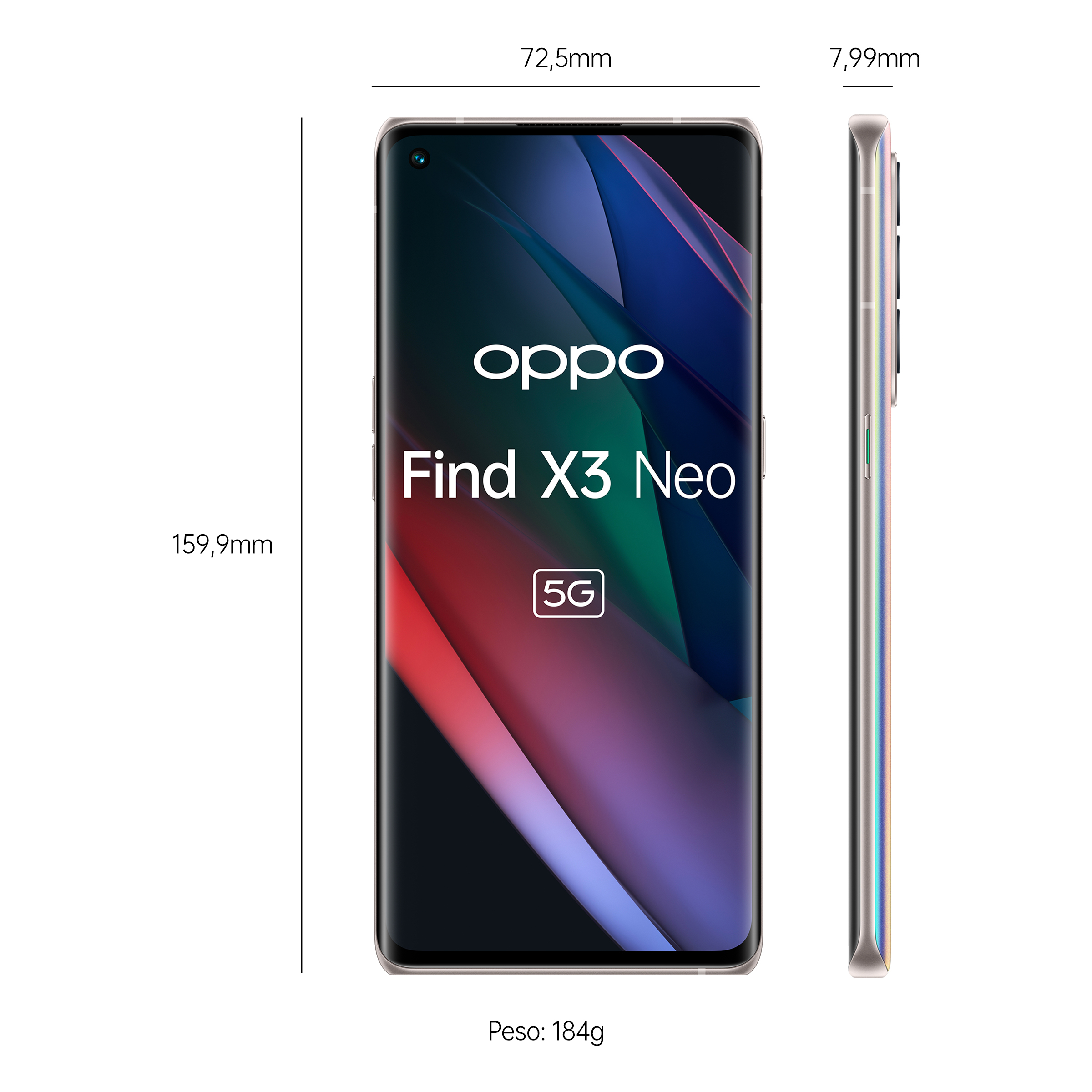 Teléfono Oppo, dimensiones mostradas. Fondo blanco.