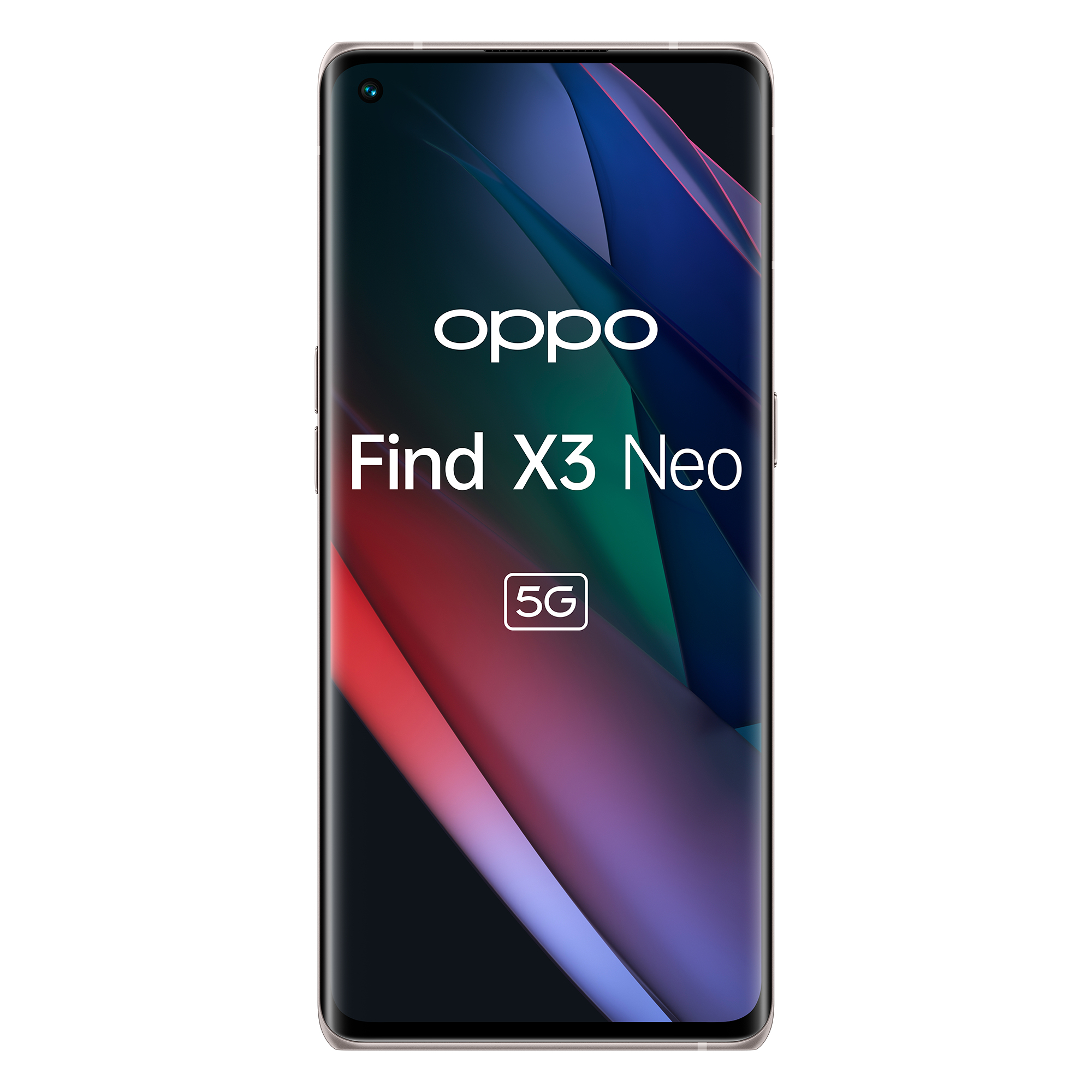Smartphone Oppo Find X3 Neo, vista frontal, con logo y visualización de pantalla.
