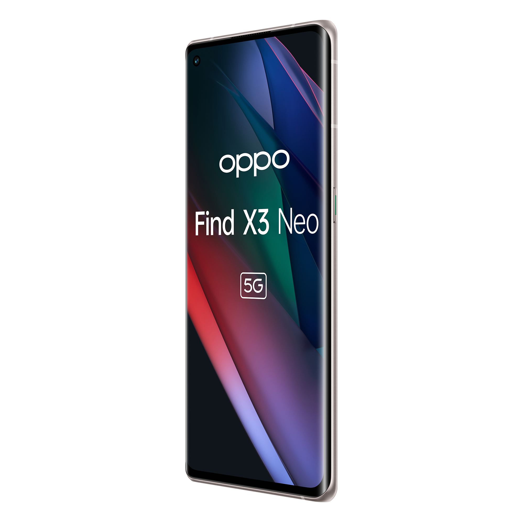Teléfono Oppo Find X3 Neo, fondo blanco y logotipo 5G.