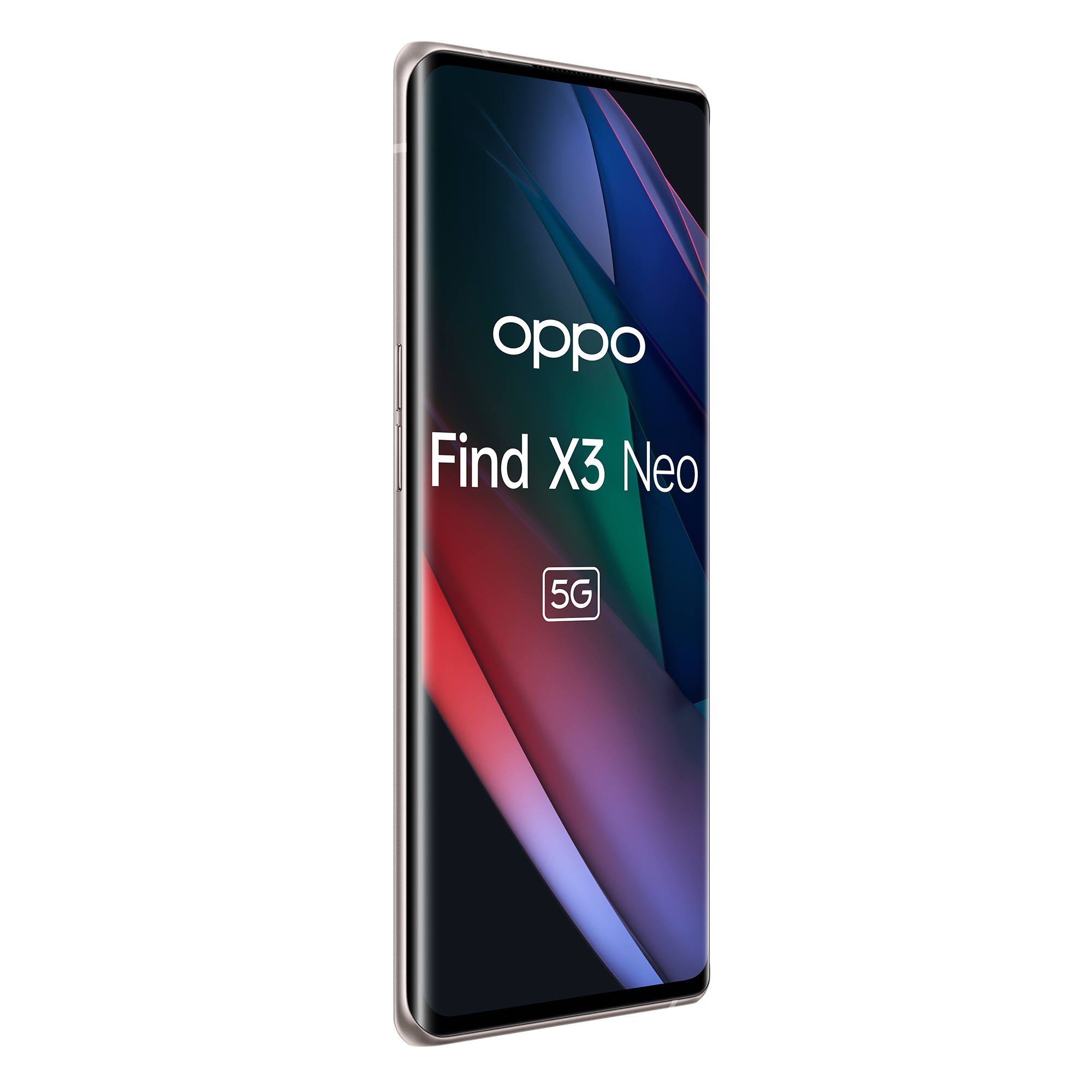 Un teléfono Oppo Find X3 Neo, en ángulo, con una pantalla que muestra gráficos y texto.