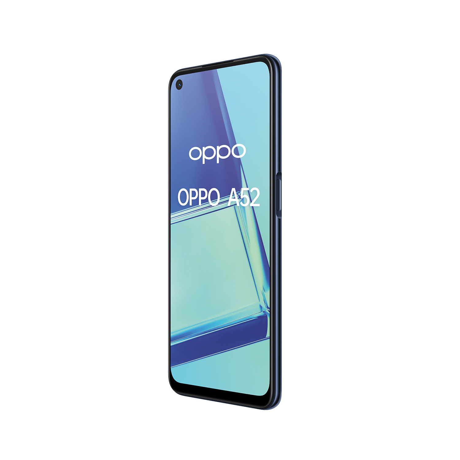 Blaues Oppo A52-Smartphone mit Oppo-Logo auf dem Bildschirm, vor weißem Hintergrund.