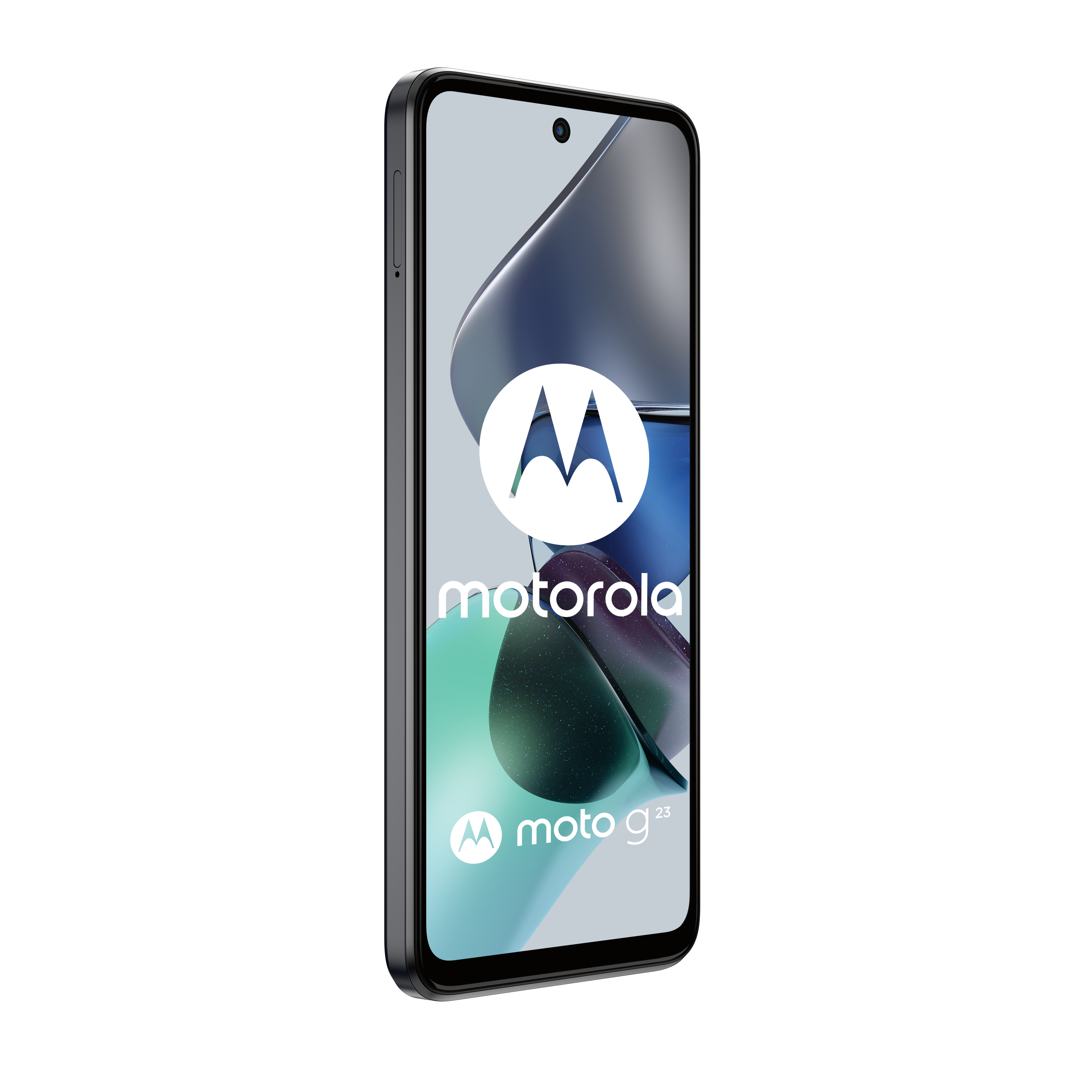 Czarny telefon Motorola moto g23. Białe logo Motorola i tekst moto g23 na ekranie.