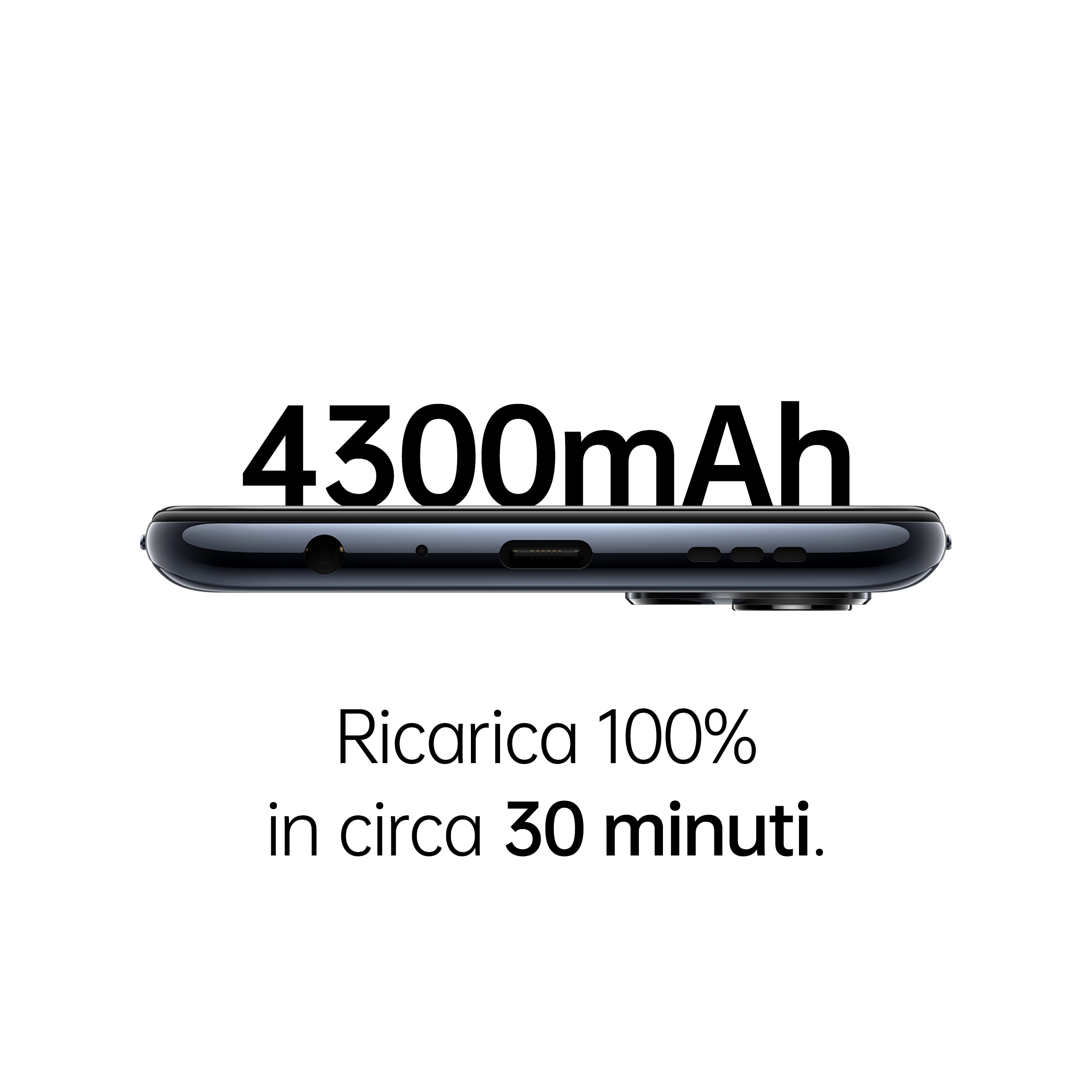 Dół telefonu pokazuje 4300mAh i tekst o szybkim ładowaniu w 30 minut na białym tle.