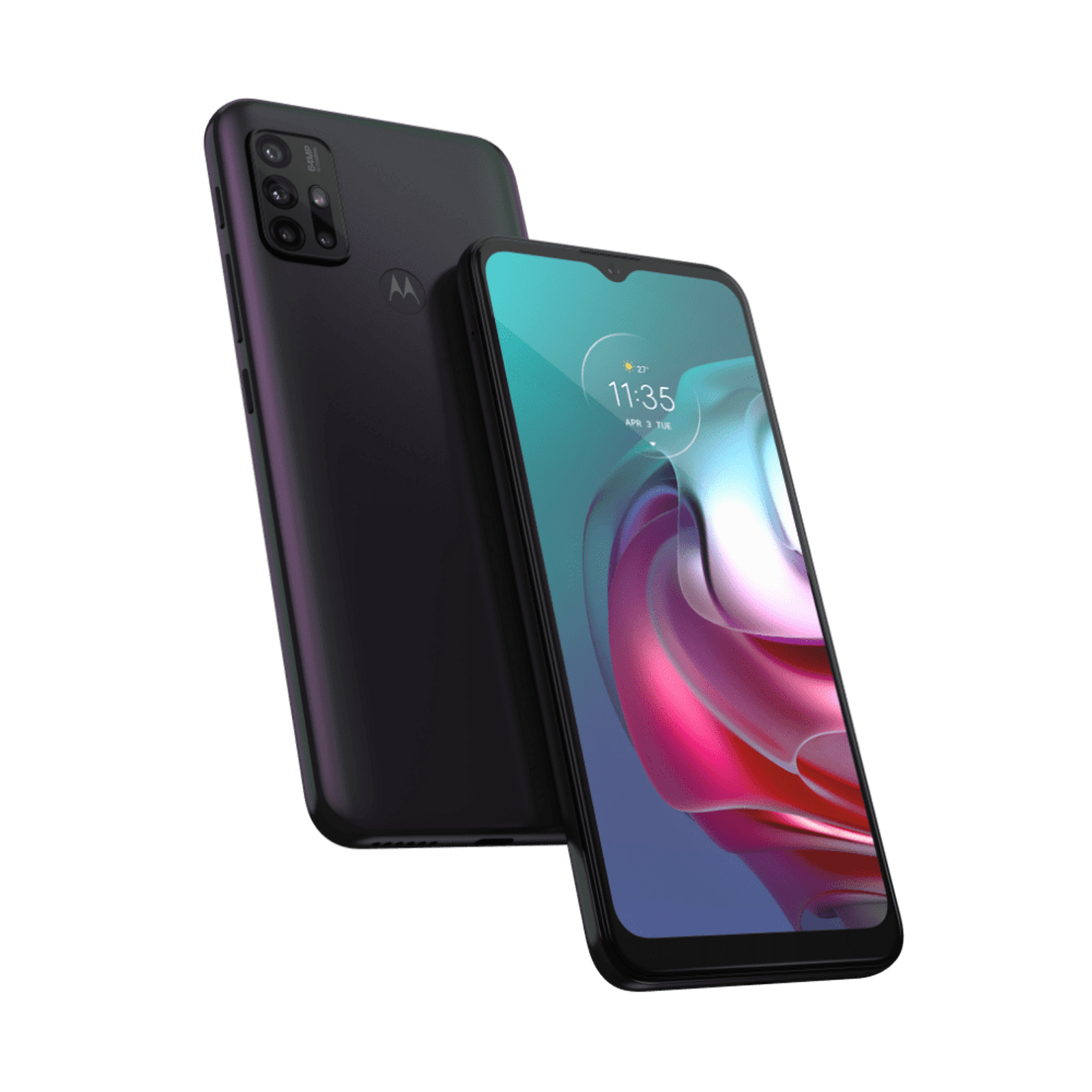Telefoni Motorola neri, uno davanti e uno dietro. Sfondo bianco.
