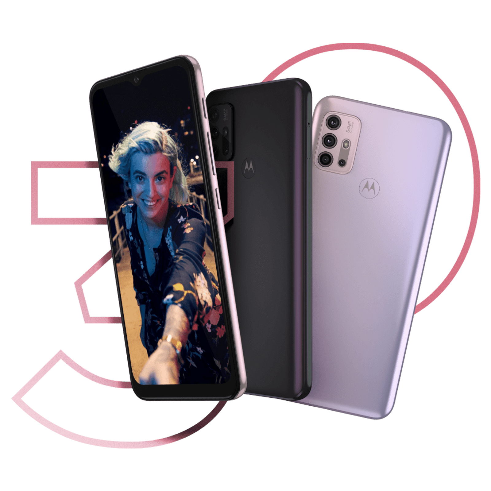 Tre telefoni che mostrano una donna sorridente e il retro di due telefoni. Un design rosa è sullo sfondo.