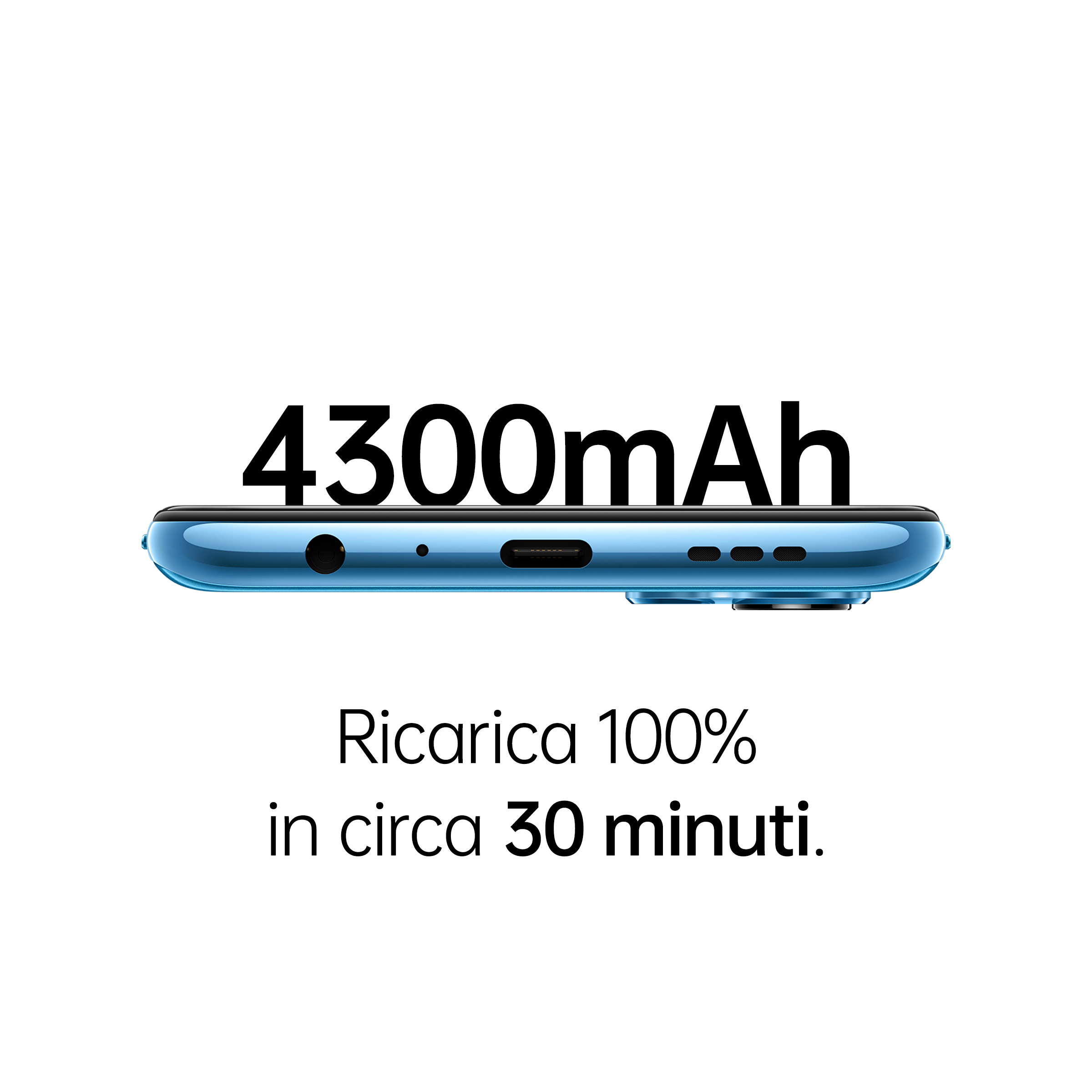 Widok z boku smartfona, pokazujący port ładowania i głośnik. Tekst: 4300mAh i szczegóły czasu ładowania.