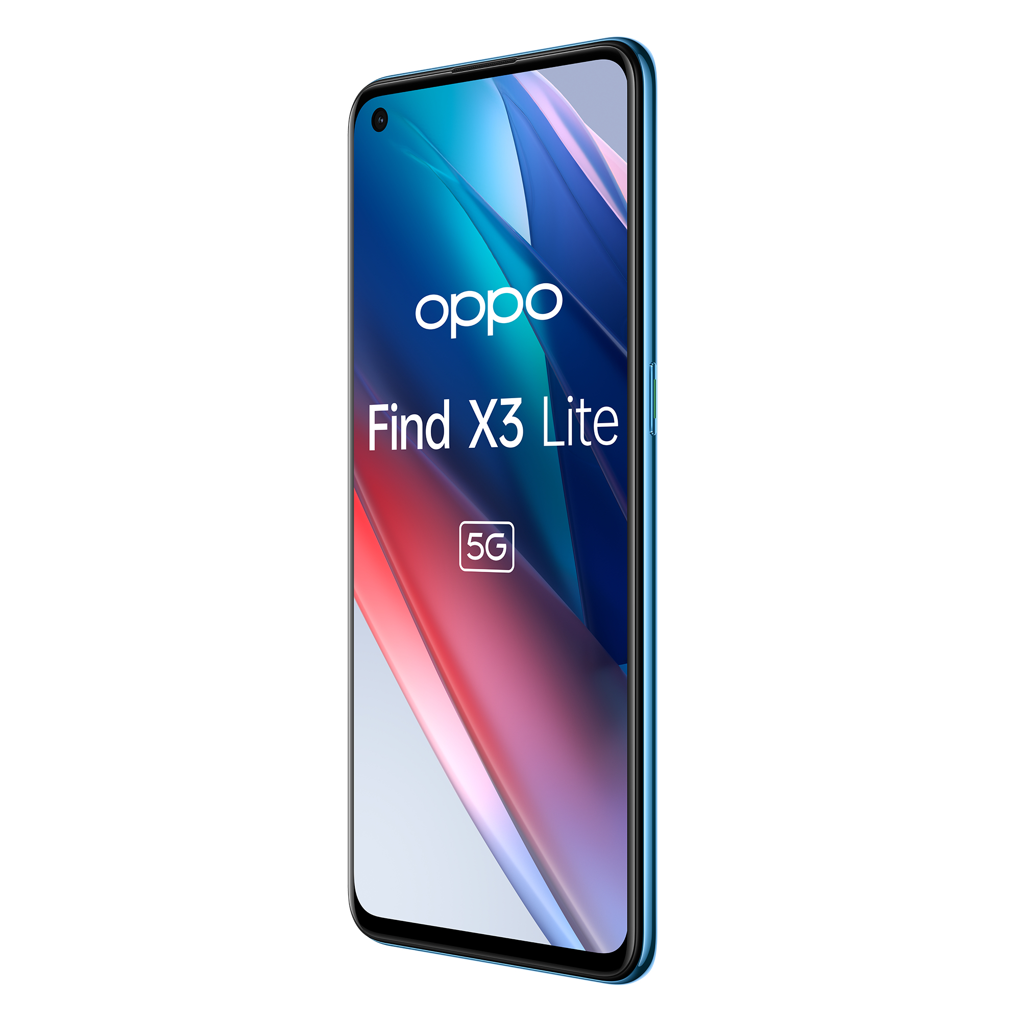 Niebieski smartfon z ekranem wyświetlającym tekst "oppo Find X3 Lite 5G". Telefon jest ustawiony pod kątem.
