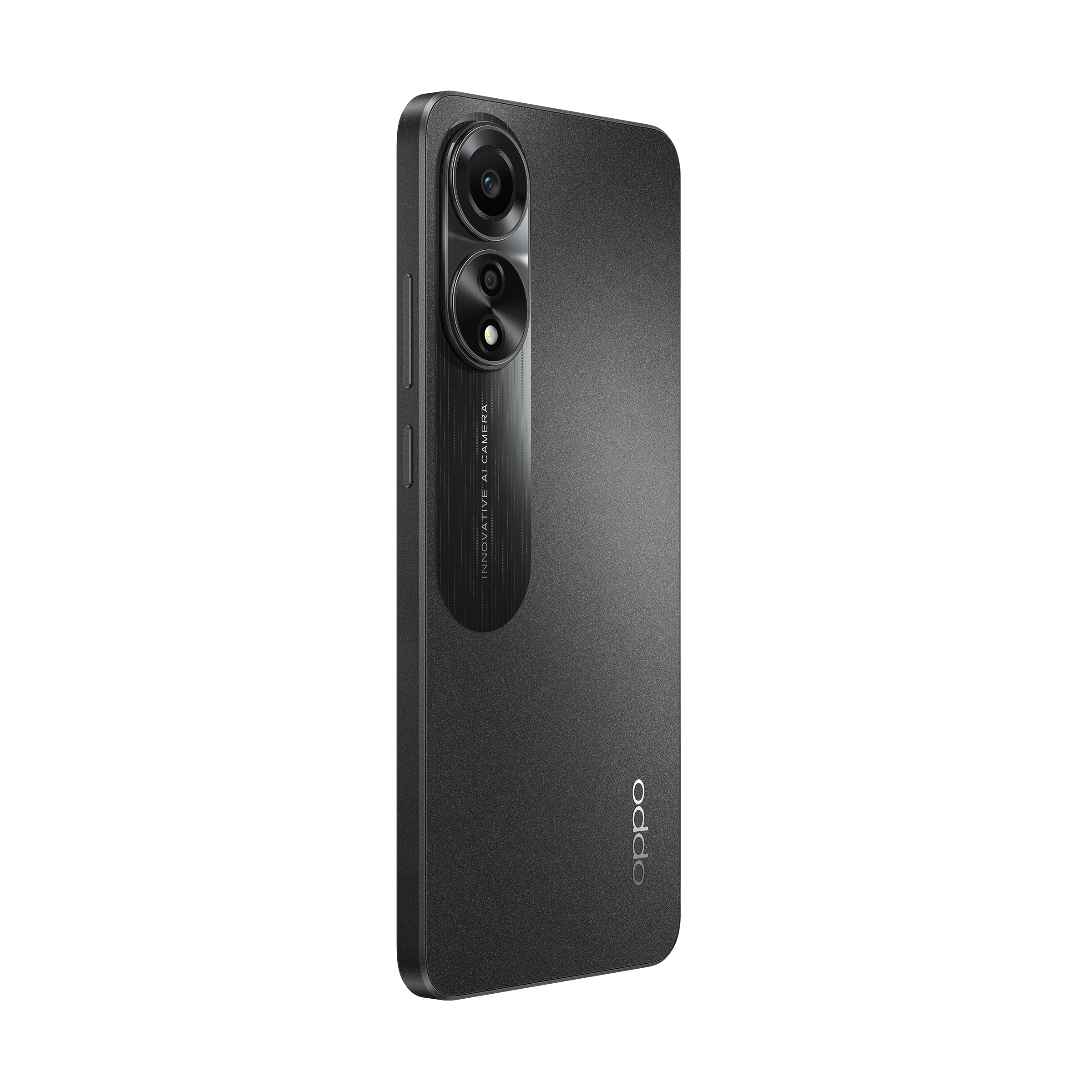 Schwarzes Oppo-Telefon, abgewinkelte Rückansicht, Kameraeinstellung, weißer Hintergrund, elegantes Design.