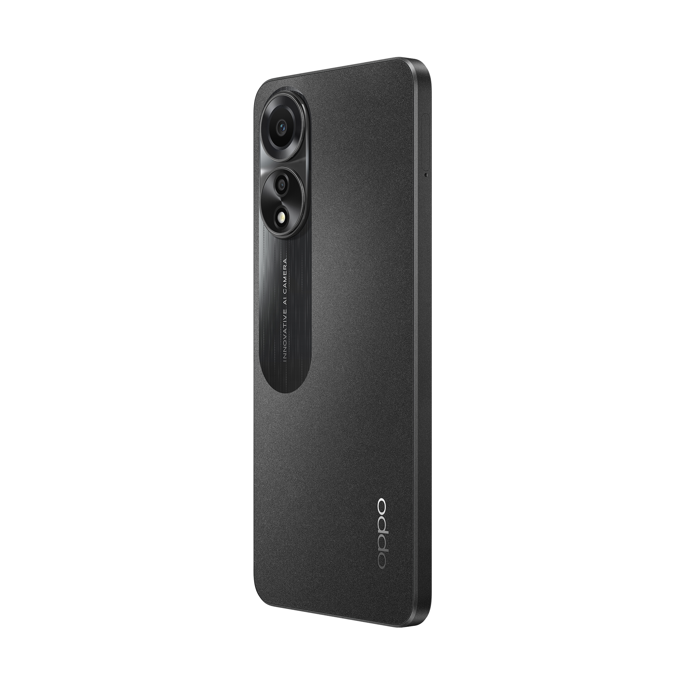 Schwarzes Oppo-Smartphone mit Kameramodul. Das Telefon befindet sich auf der rechten Seite und hat eine schwarze Textur.