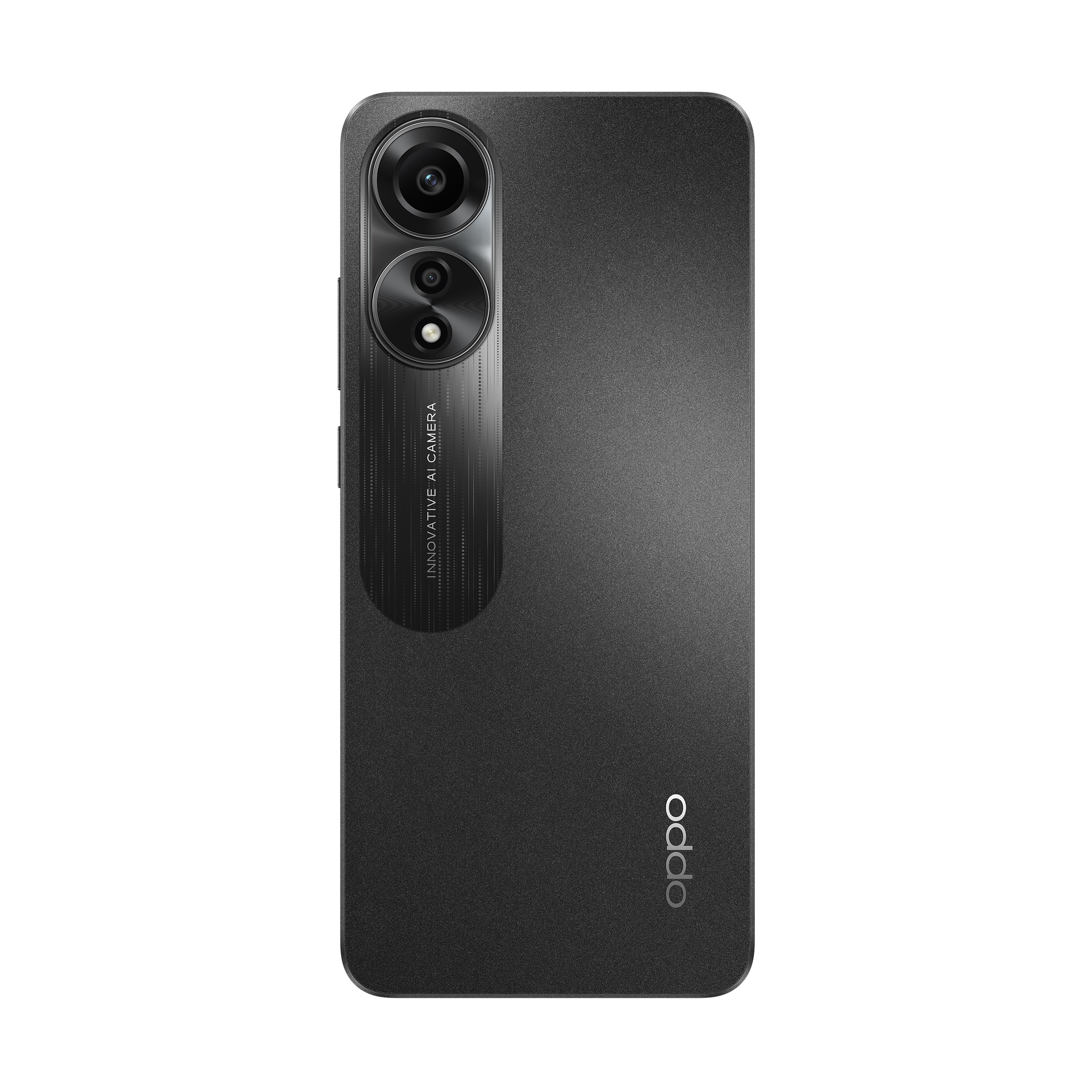 Schwarze Oppo-Telefon-Rückansicht mit zwei Kameras und dem Text INNOVATIVE AI CAMERA und Oppo-Logo.