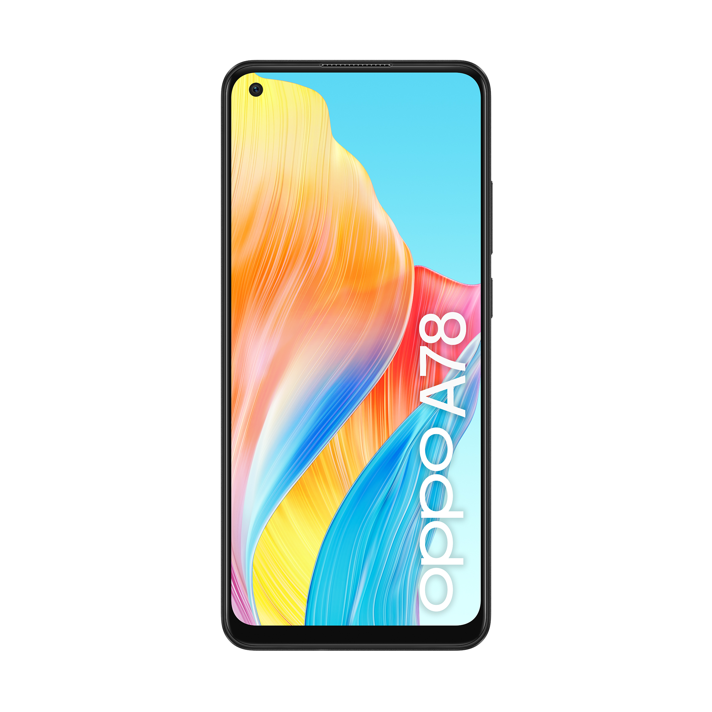 Ein Smartphone mit eingeschaltetem Oppo A78-Bildschirm, das einen farbenfrohen Hintergrund zeigt. Das Telefon ist schwarz.