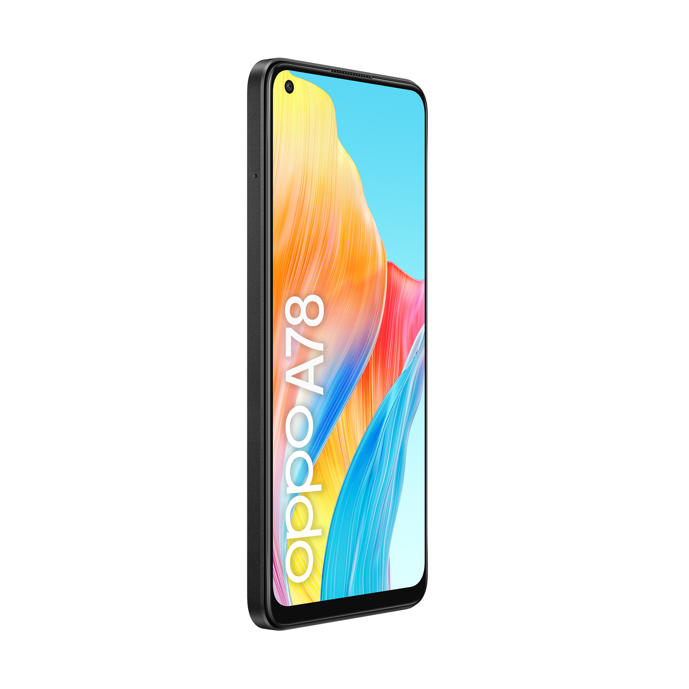 Ein Oppo A78-Telefon, das nach rechts abgewinkelt ist, auf weißem Hintergrund. Der Bildschirm zeigt abstrakte bunte Formen.