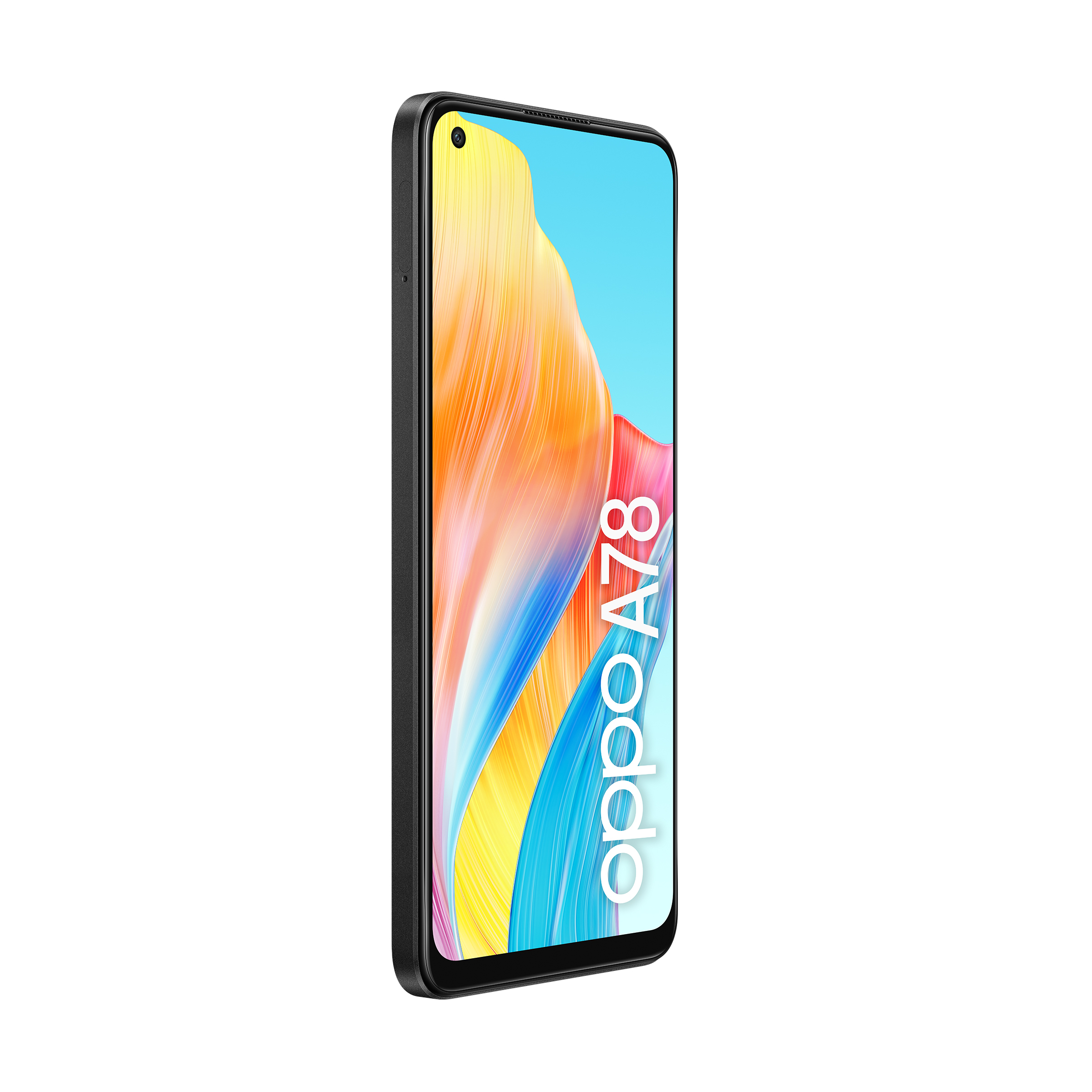 Ein schwarzes Telefon mit farbenfrohem Display wird auf weißem Hintergrund gezeigt.