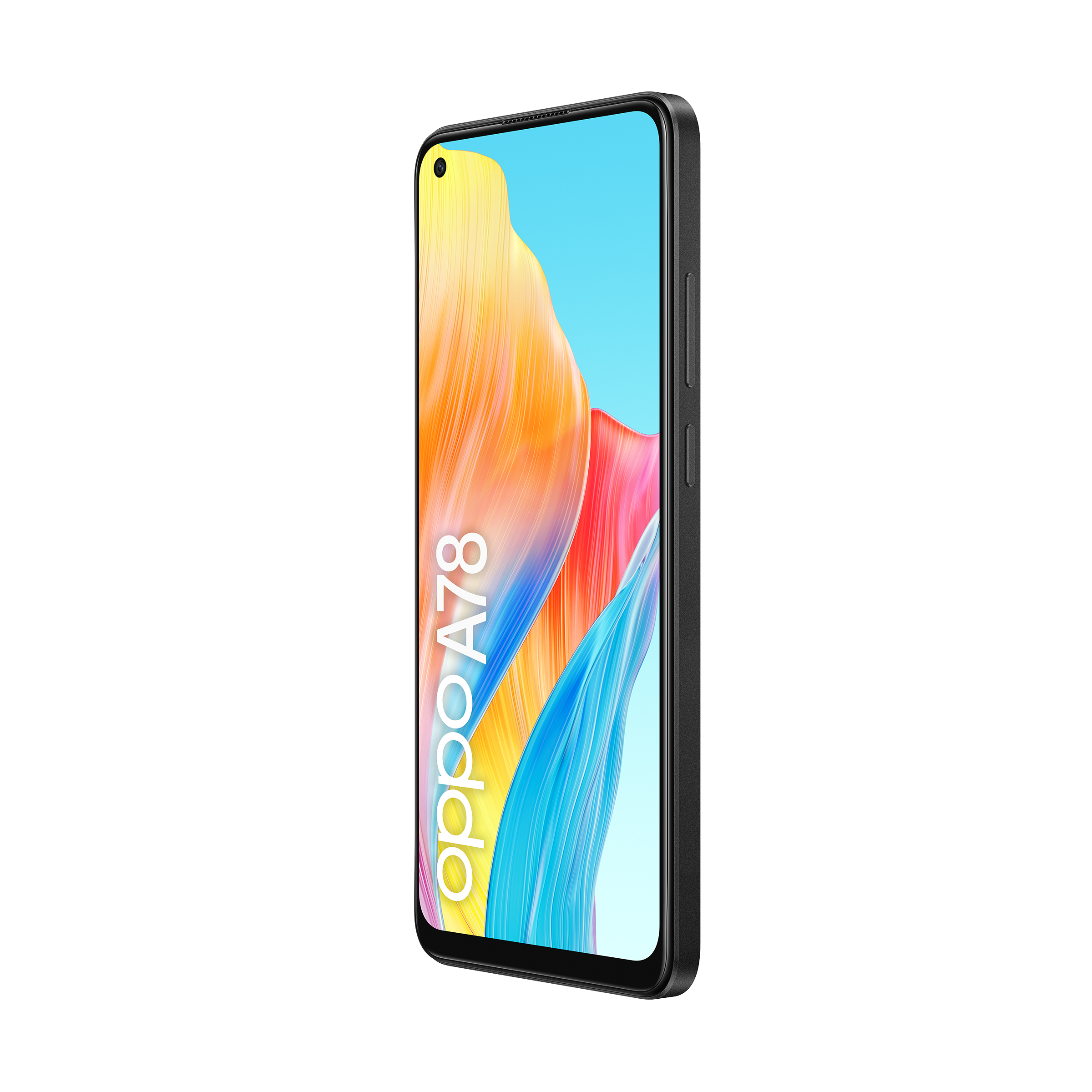 Ein schwarzes Oppo A78 Smartphone auf weißem Grund, abgewinkelt. Der Bildschirm zeigt farbenfrohe, abstrakte Formen.