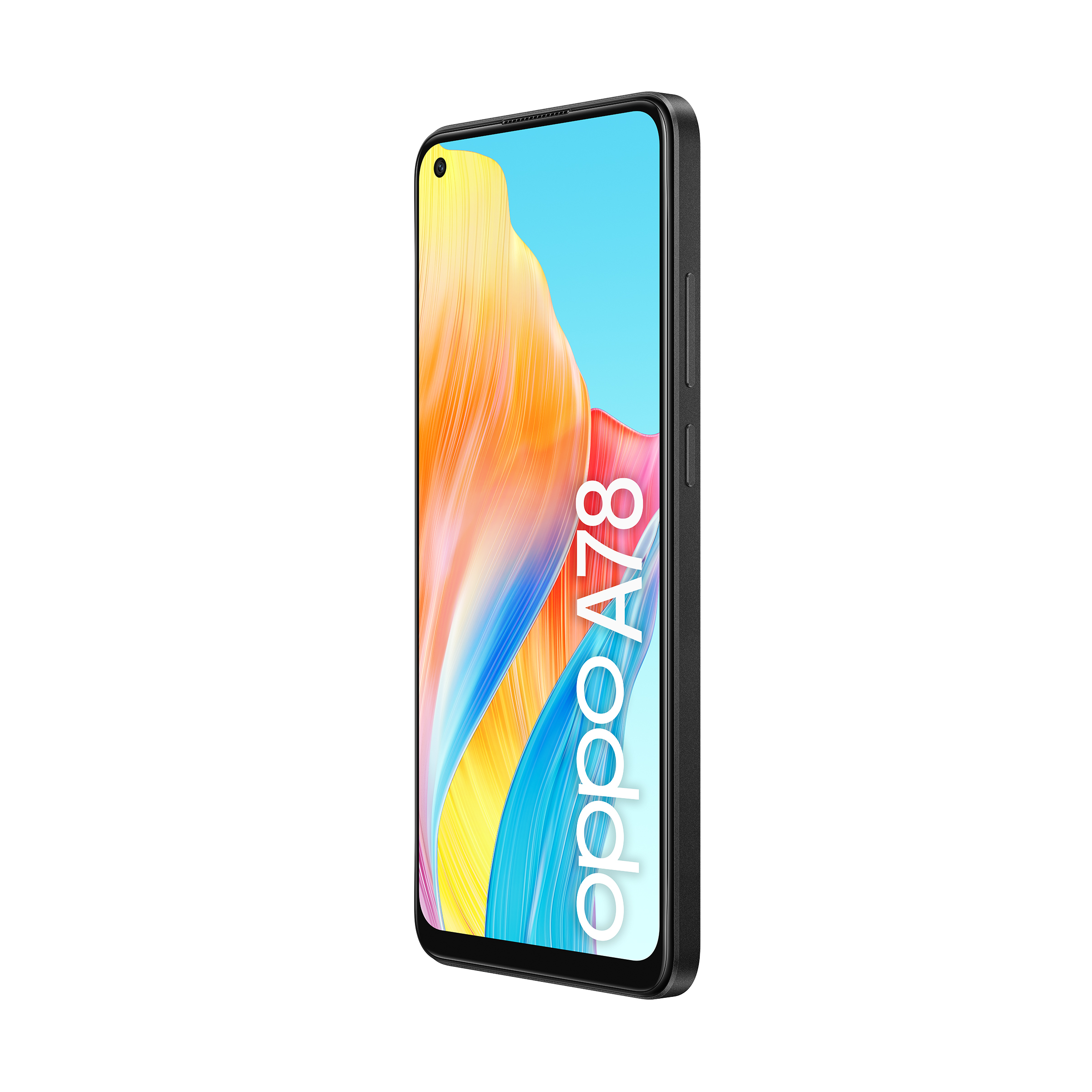 Schwarzes Smartphone im Winkel. Der Bildschirm zeigt einen bunten Farbverlauf. Weißer Hintergrund.
