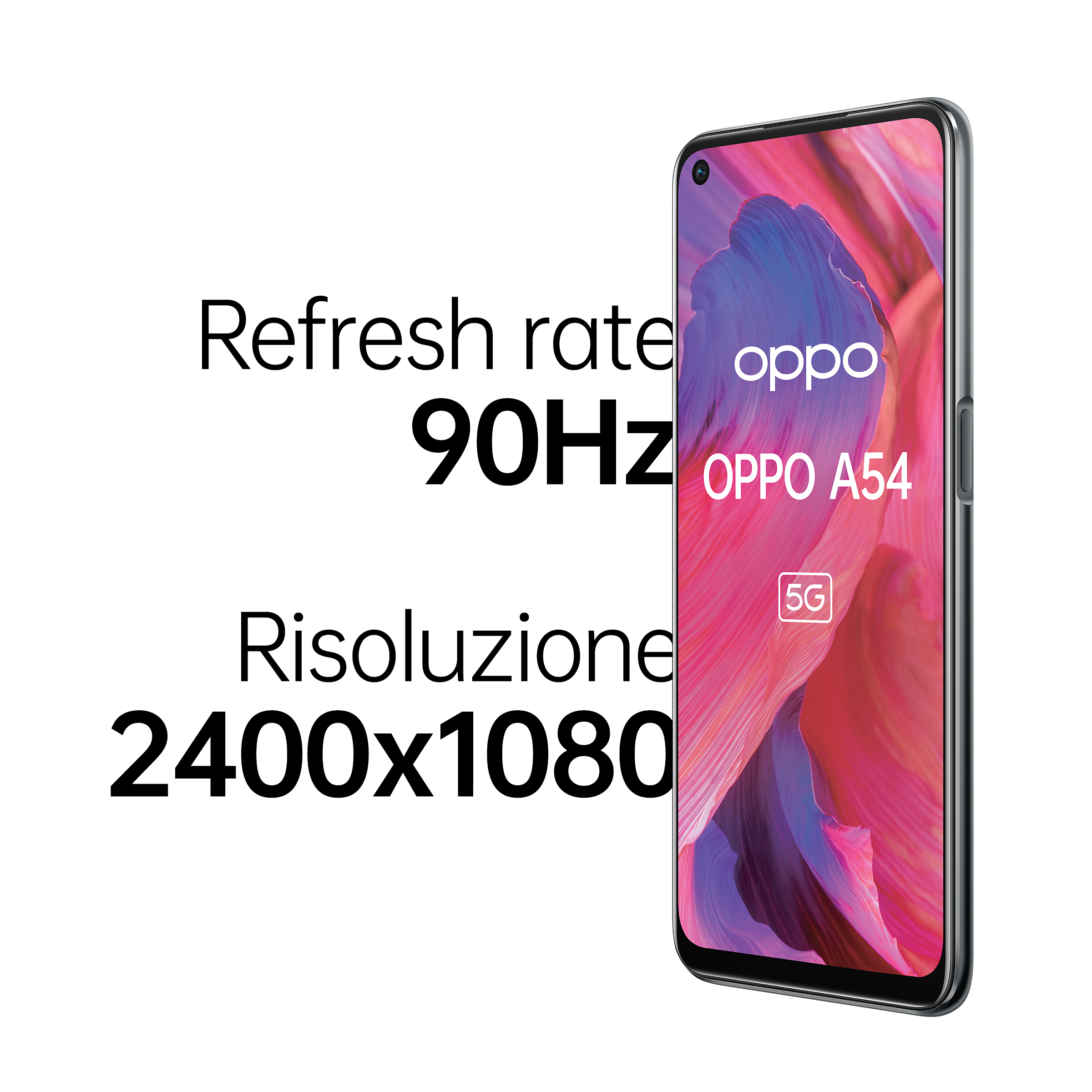 Écran de téléphone Oppo affichant les détails du taux de rafraîchissement et de la résolution, fond blanc.