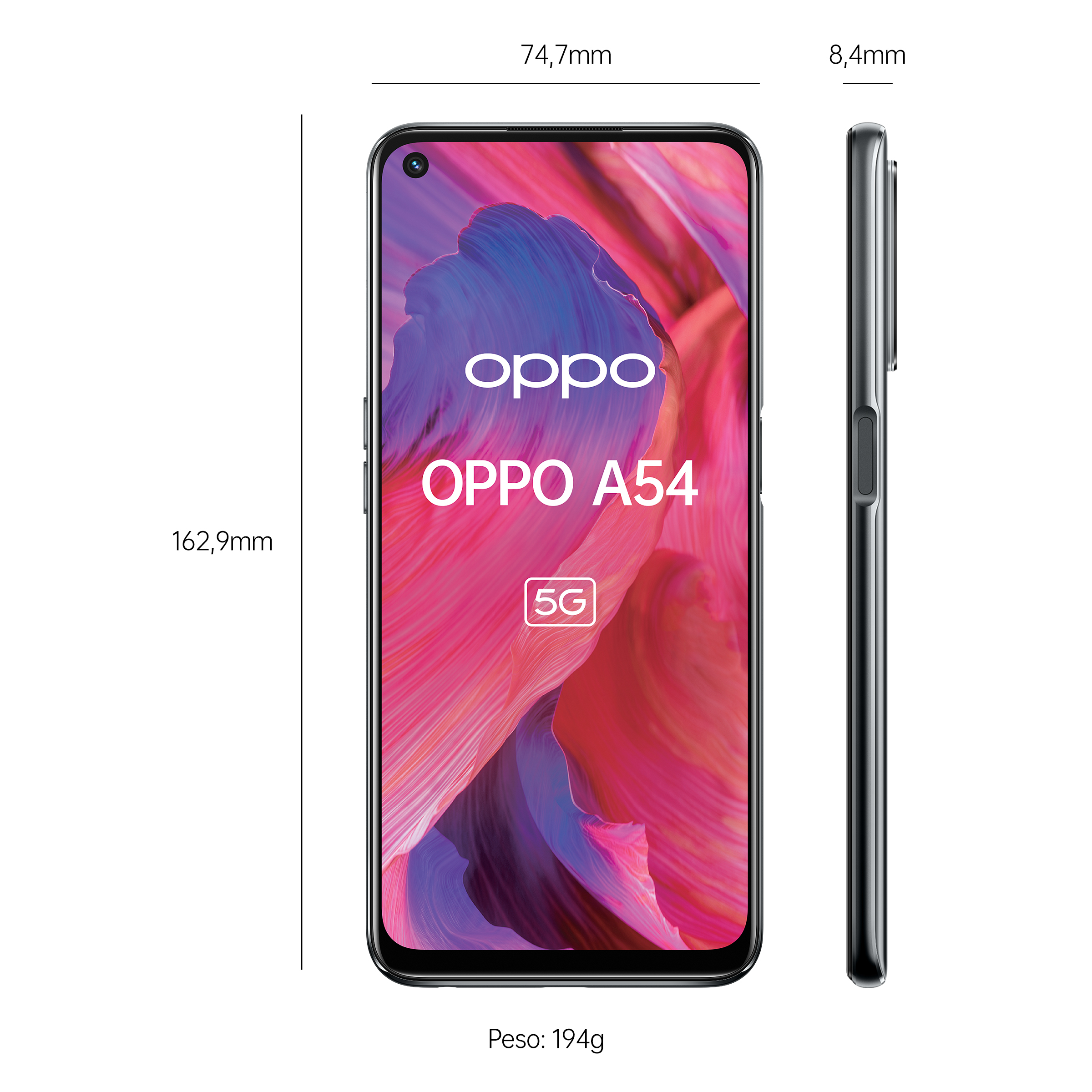 Écran de smartphone avec dimensions et vue latérale, montrant les dimensions et le poids.