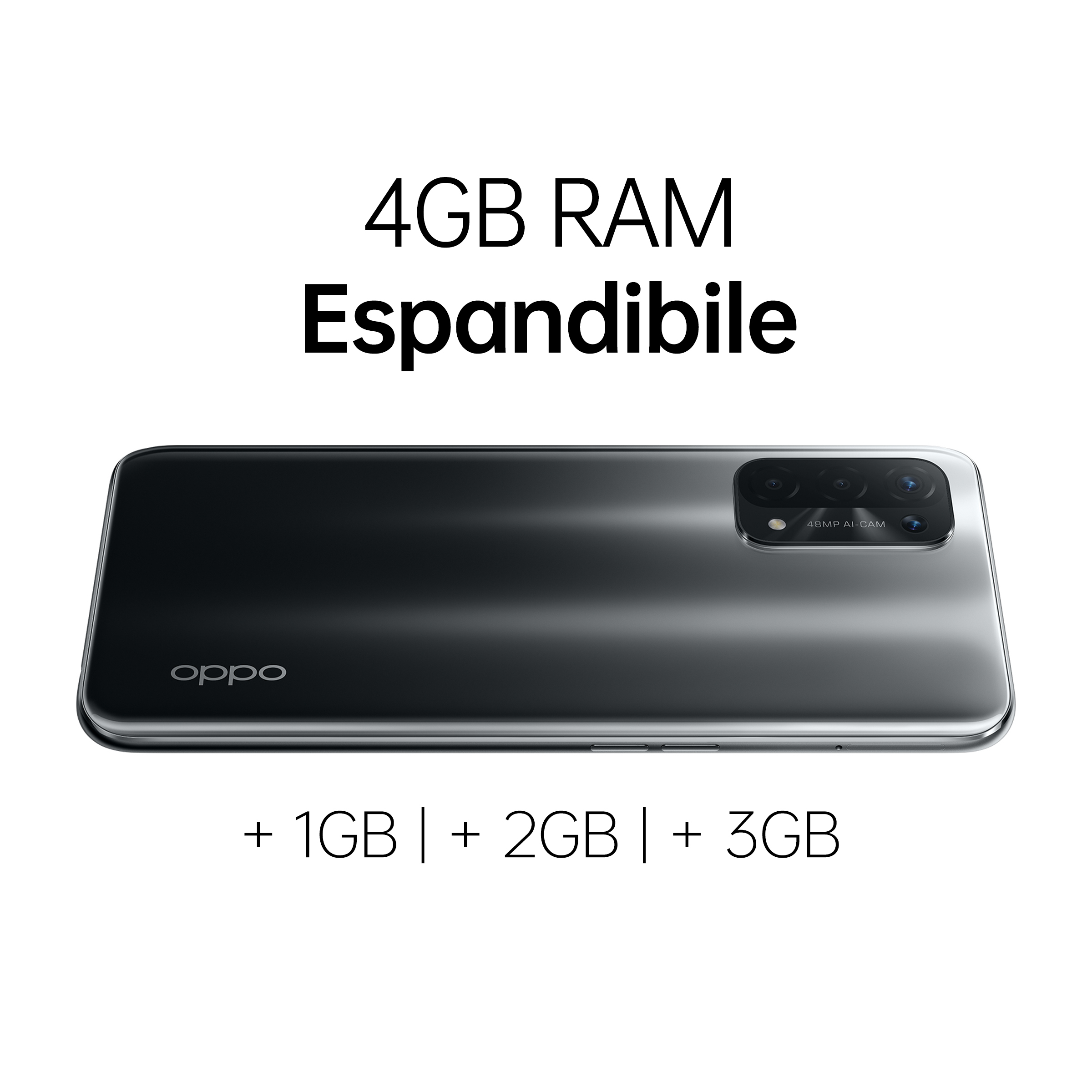 Téléphone Oppo noir, vue arrière. Logo Oppo, 4 caméras. Texte: 4 Go RAM Extensible. Fond blanc.