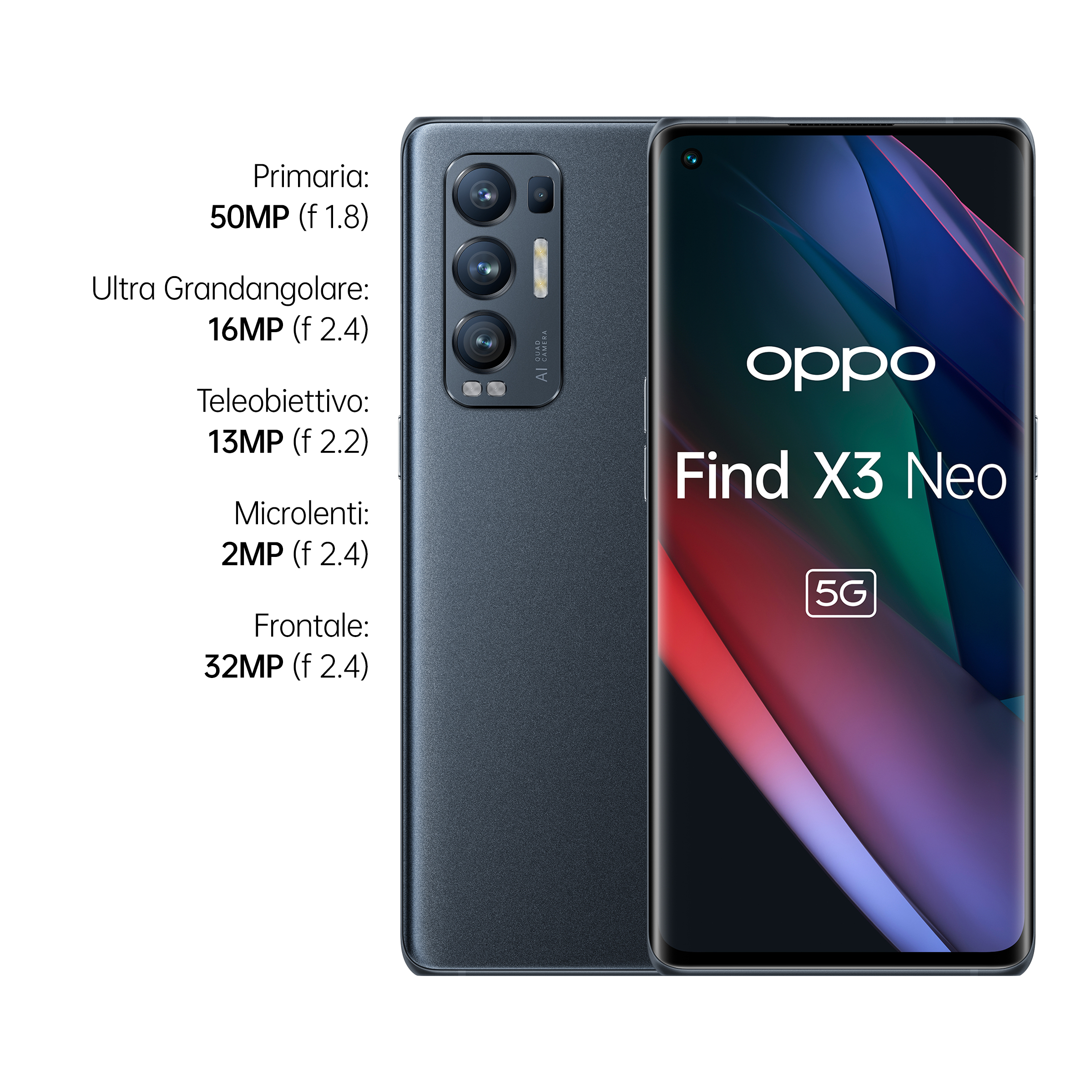 Smartfon Oppo Find X3 Neo, przód i tył. Specyfikacje aparatu: 50MP, 16MP, 13MP, 2MP, 32MP. Logo 5G.