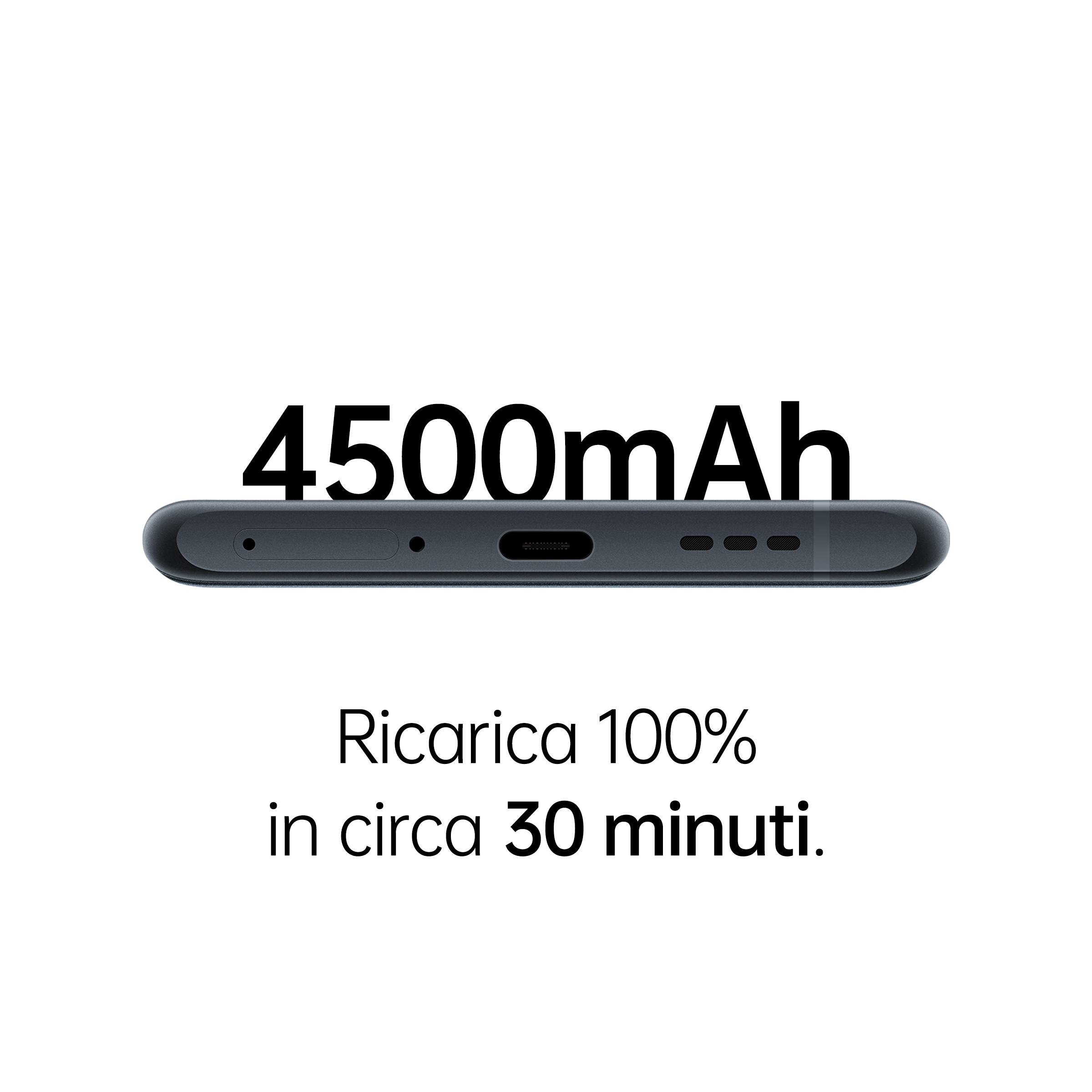 Dół smartfona z portem ładowania. Tekst: 4500mAh. Tekst: Naładuj do 100% w 30 minut.