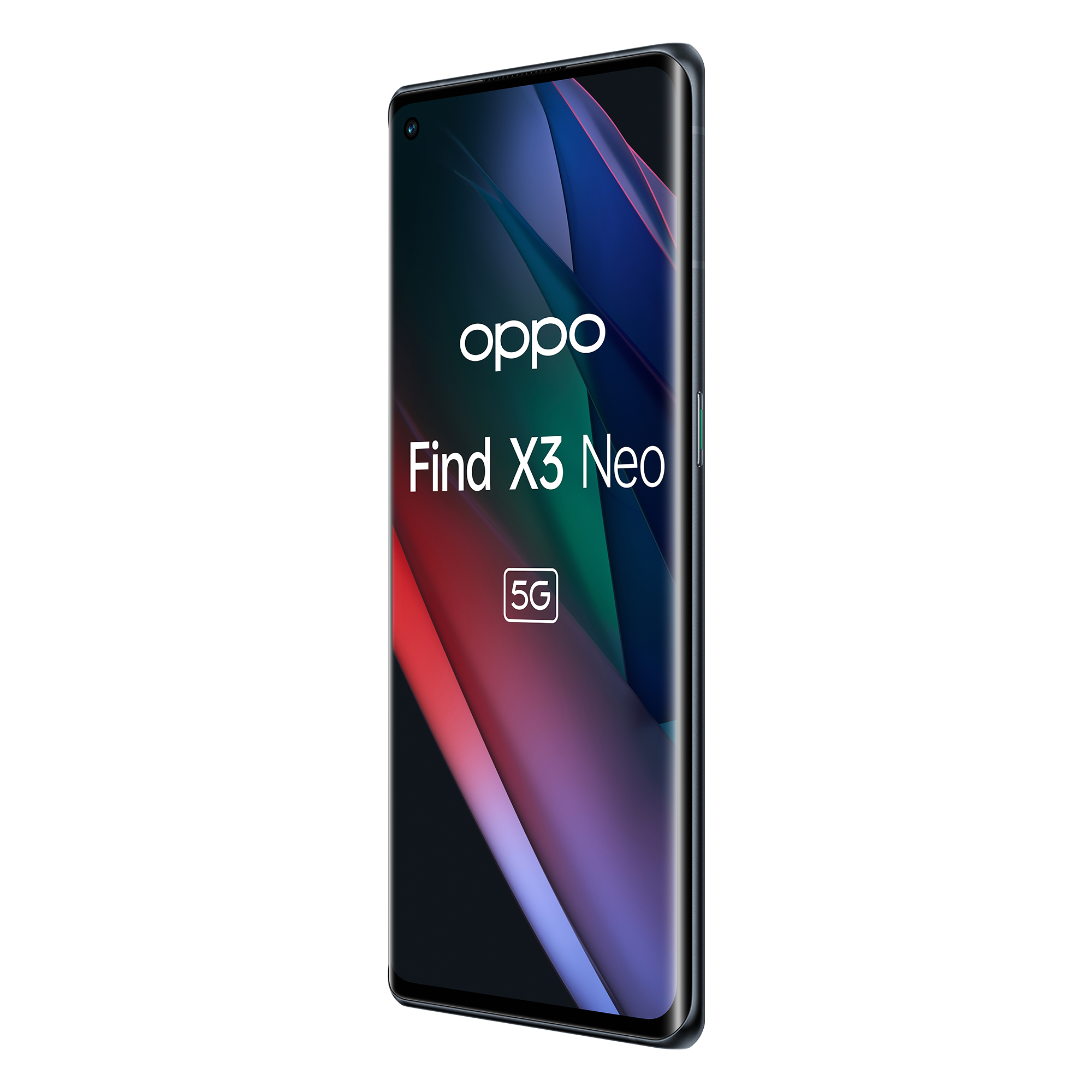 Czarny telefon z marką Oppo, wyświetlający kolorowy ekran na białym tle.