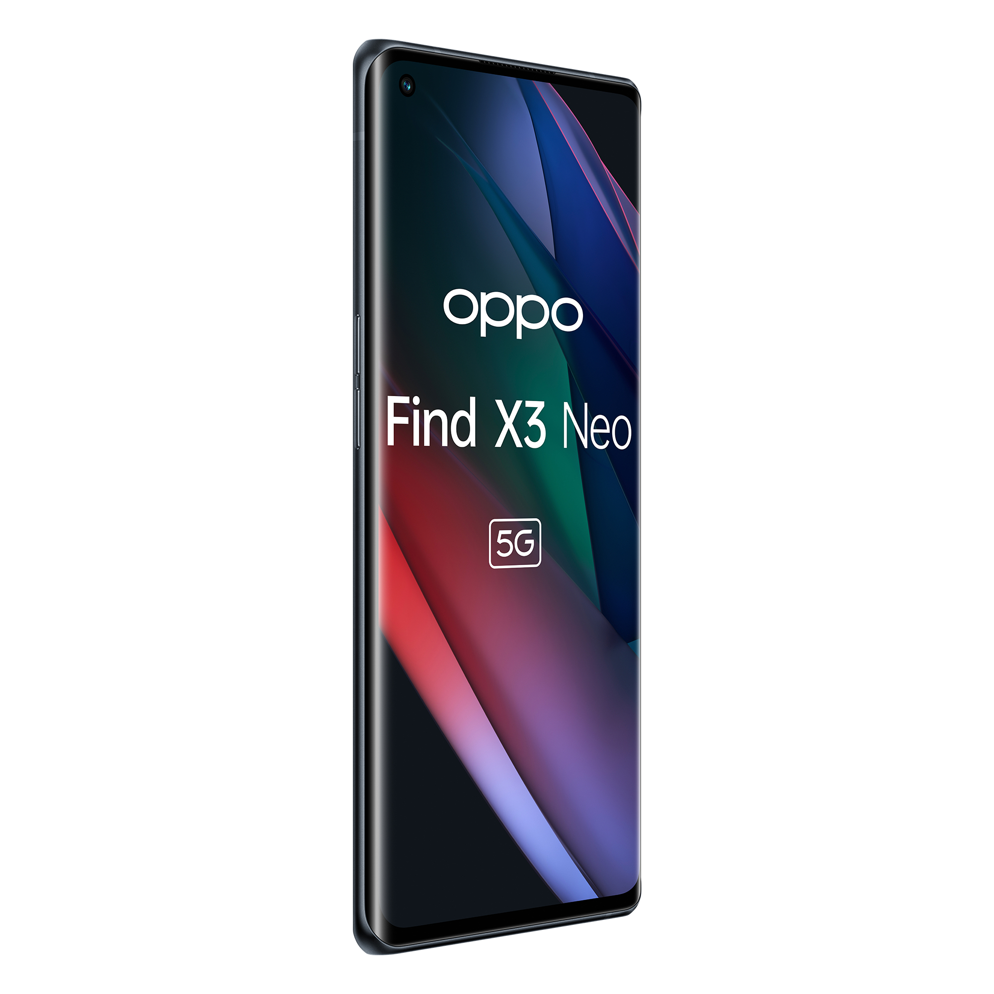 Czarny telefon Oppo Find X3 Neo. Ekran wyświetla Oppo Find X3 Neo i logo 5G na kolorowym tle.