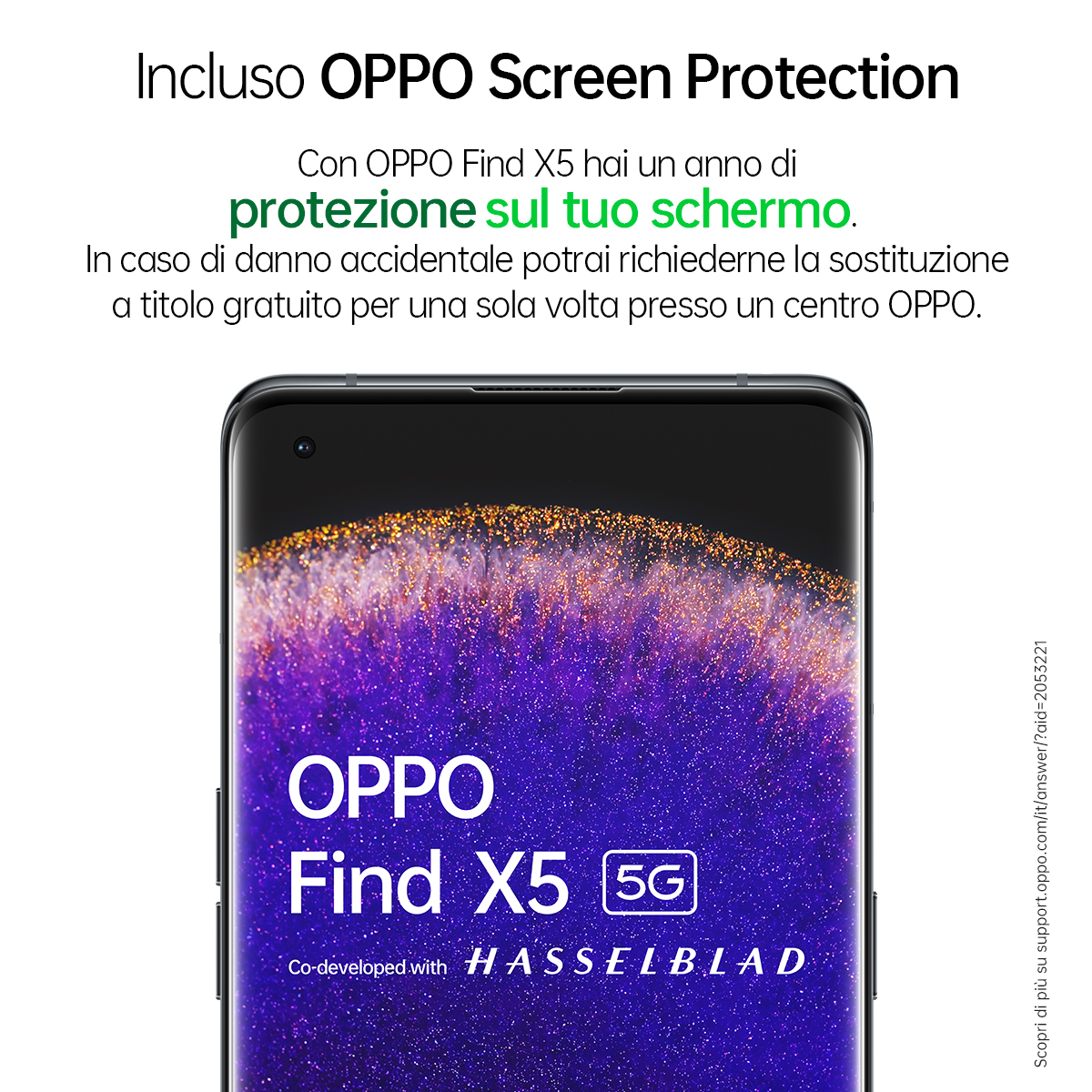Telefoonscherm met tekst: OPPO Find X5 5G, met schermbeschermingsinfo.