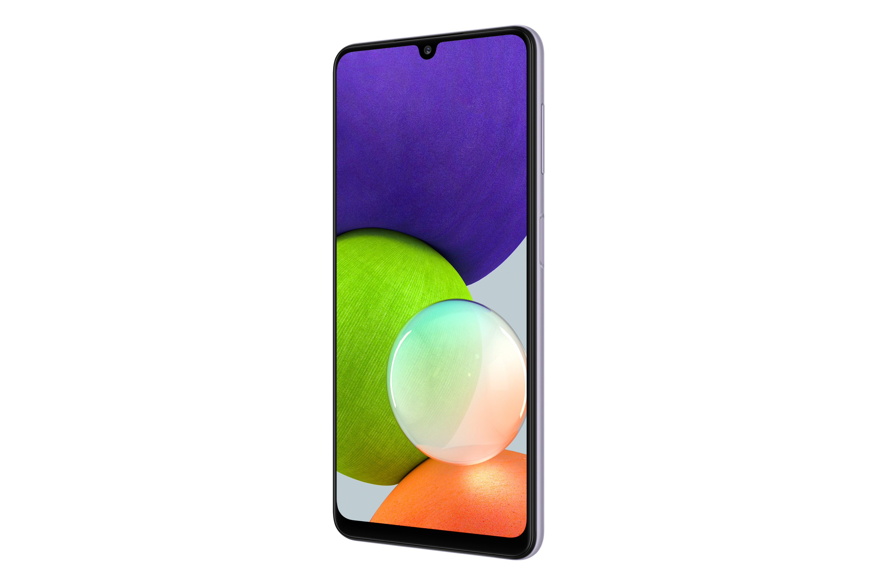 Ein Mobiltelefon mit lila Rückseite und einem Bildschirm, der einen grünen und lila Hintergrund zeigt.