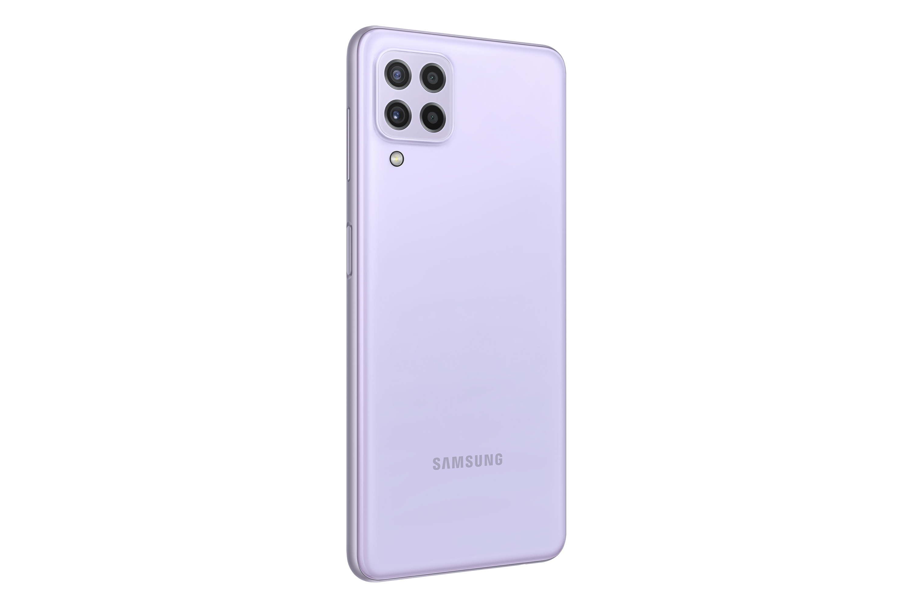 Rückseite eines lila Samsung-Telefons. Hat ein Kameramodul und ein Markenlogo.