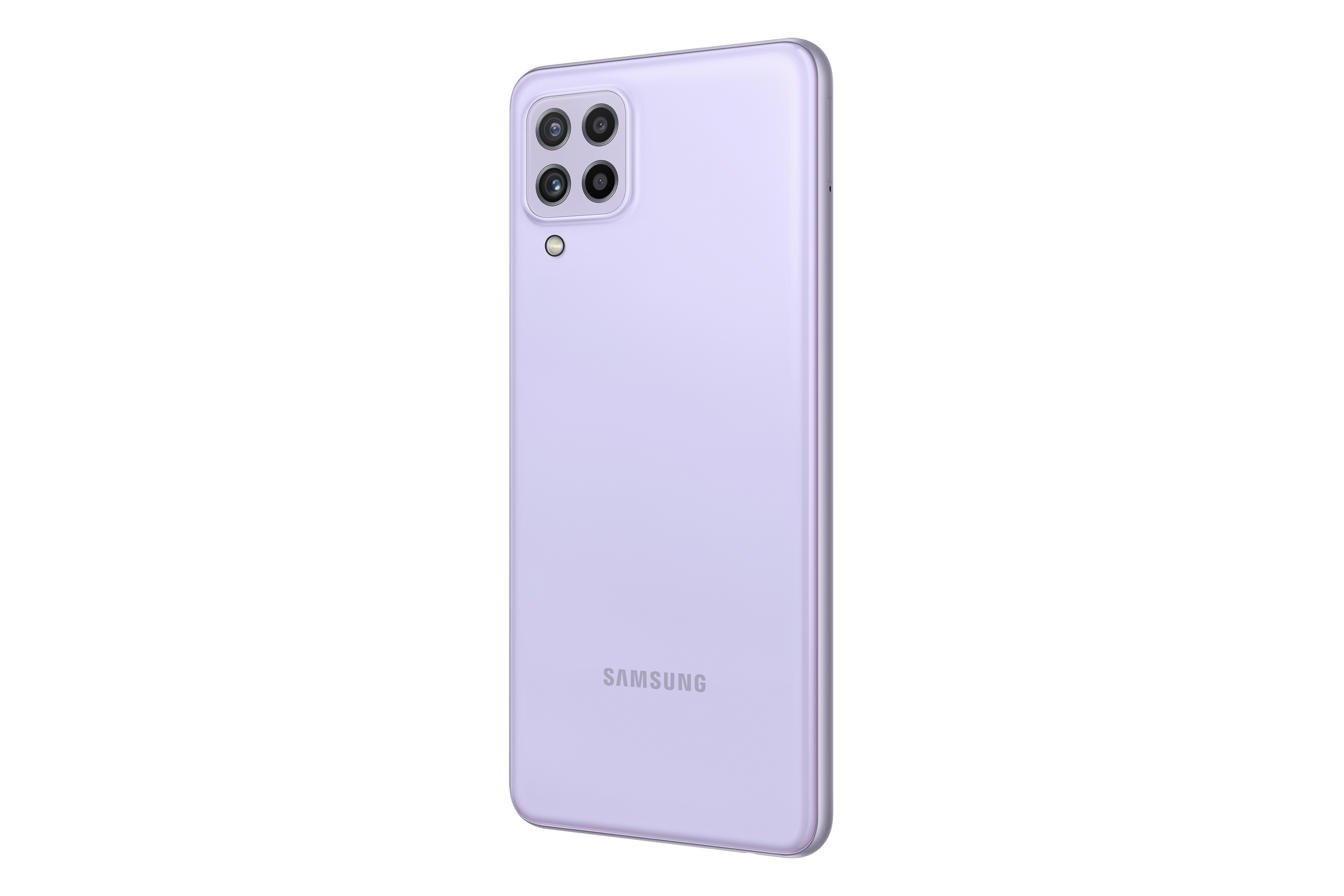 Rückansicht eines lila Smartphones mit Samsung-Logo und Quad-Kameras.