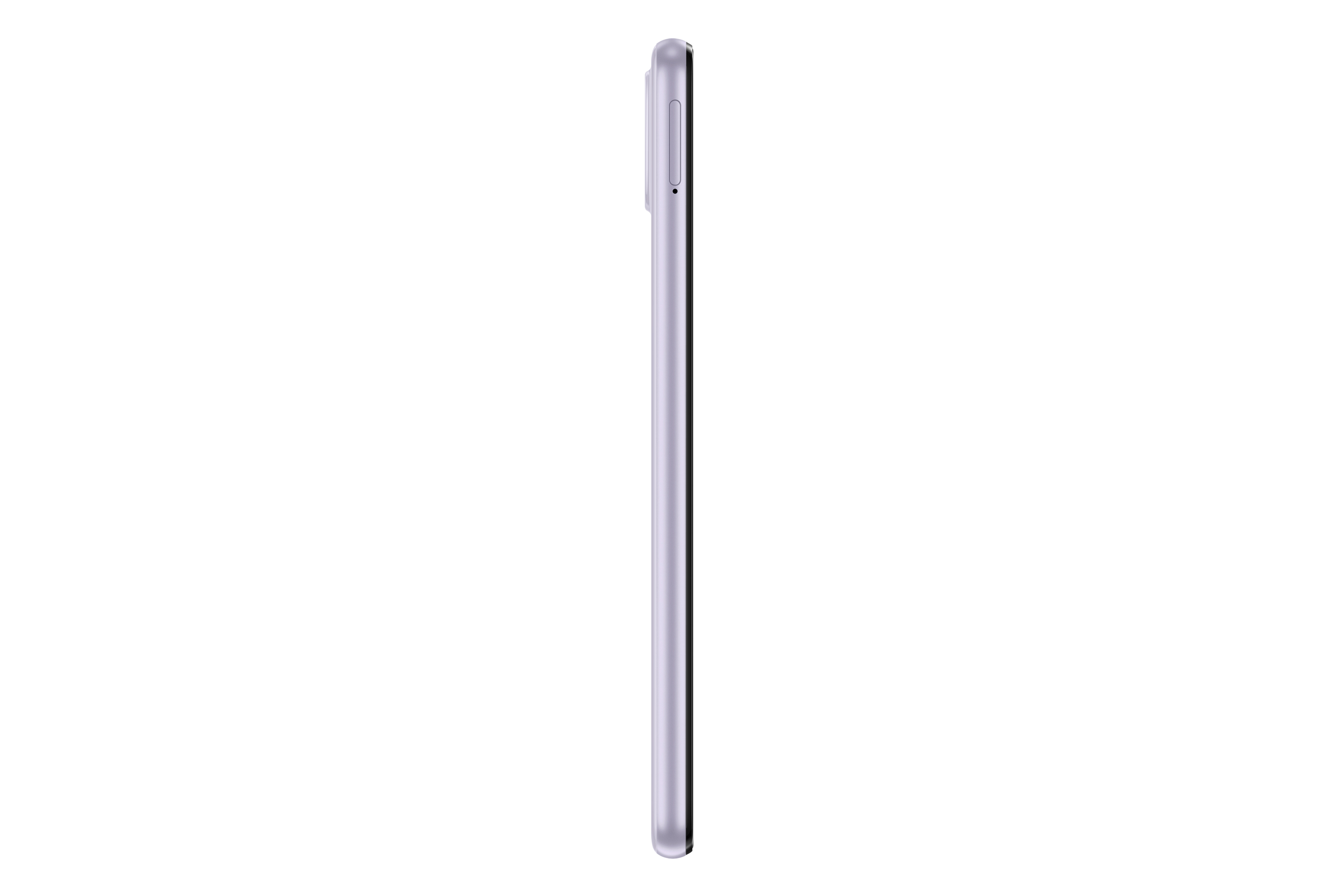 Seitenansicht eines lila Smartphones. Es ist ein dünnes Gerät auf weißem Hintergrund.
