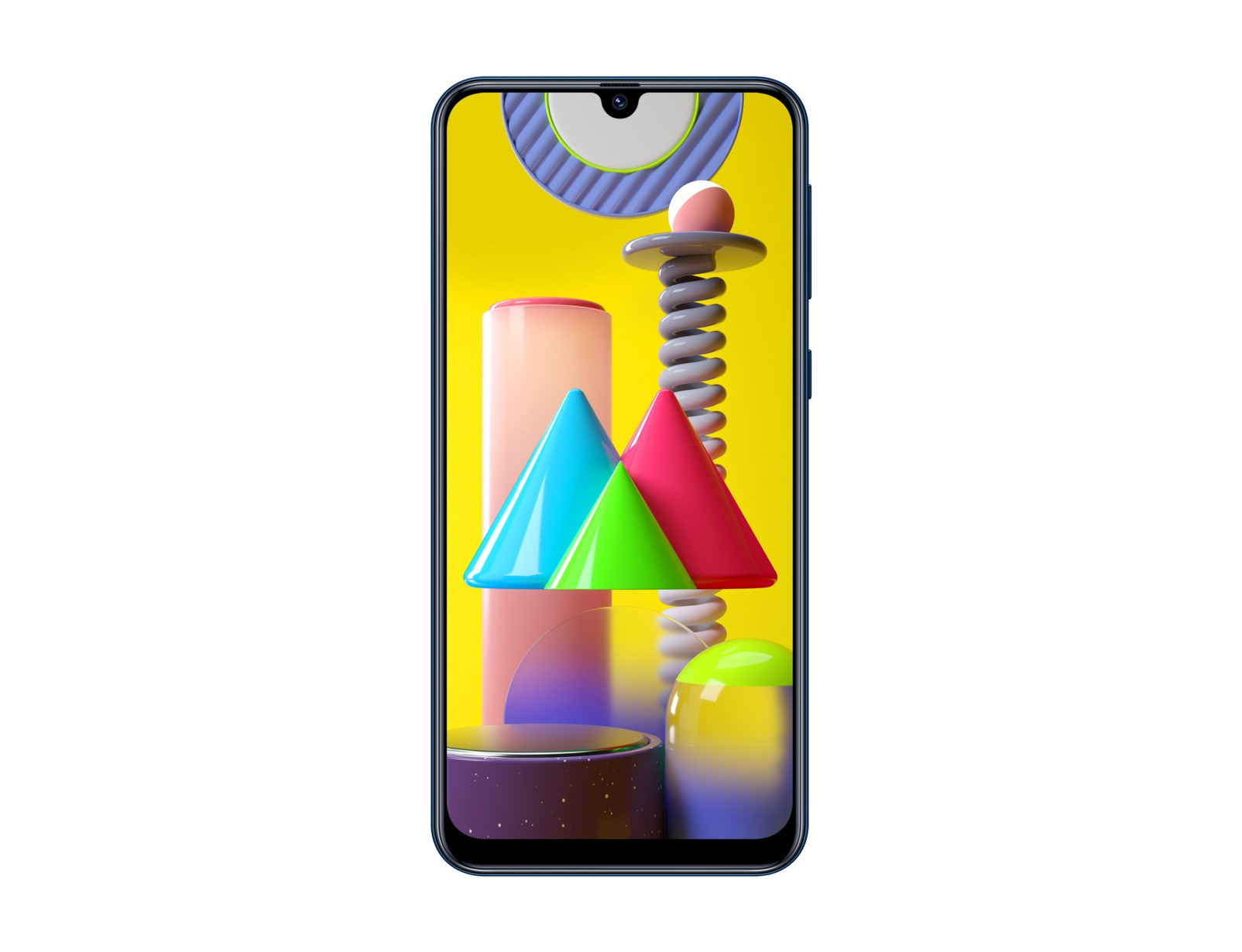 Blaues Smartphone mit farbenfrohem, abstraktem Design auf dem Bildschirm.