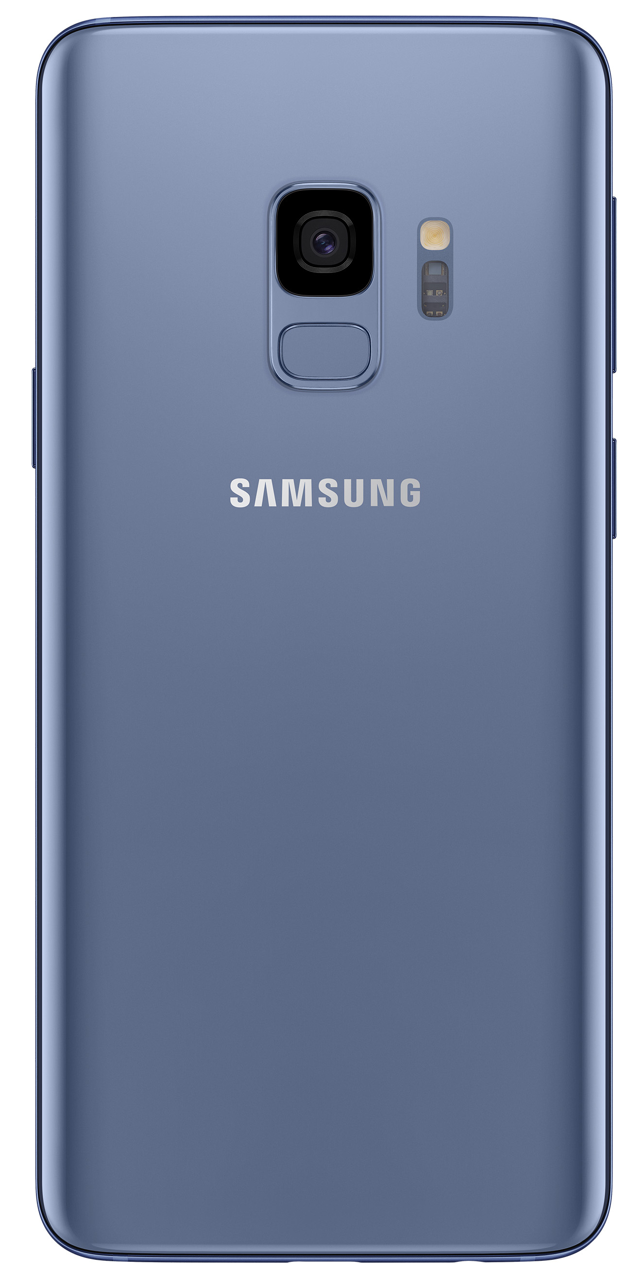 Rückseite eines blauen Samsung-Telefons mit Kamera und der Aufschrift 'SAMSUNG'.