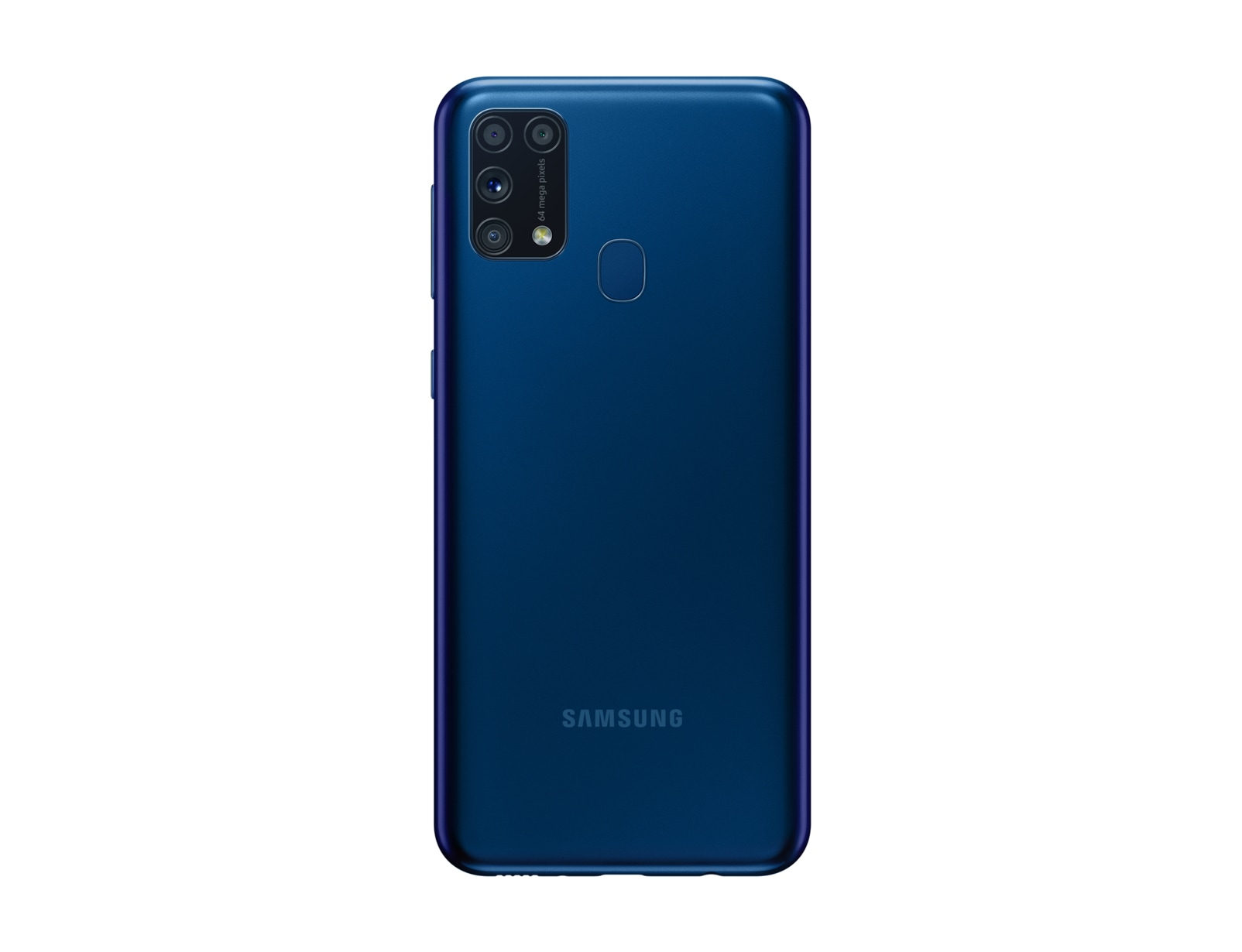 Blaue Smartphone-Rückansicht, Kamera und Samsung-Logo auf weißer Oberfläche.