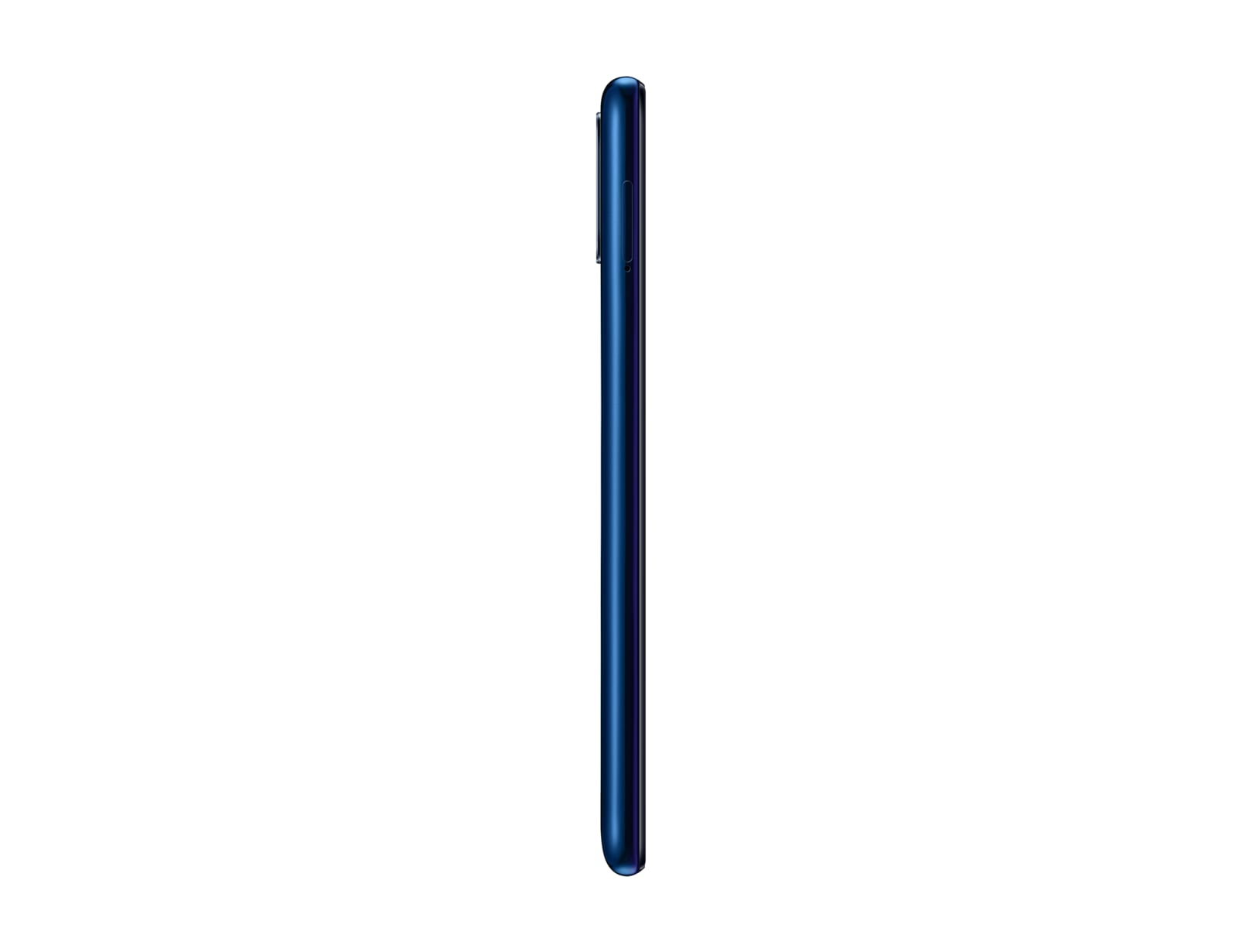 Seitenprofil eines dunkelblauen Smartphones auf weißem Hintergrund. Knöpfe sind sichtbar.