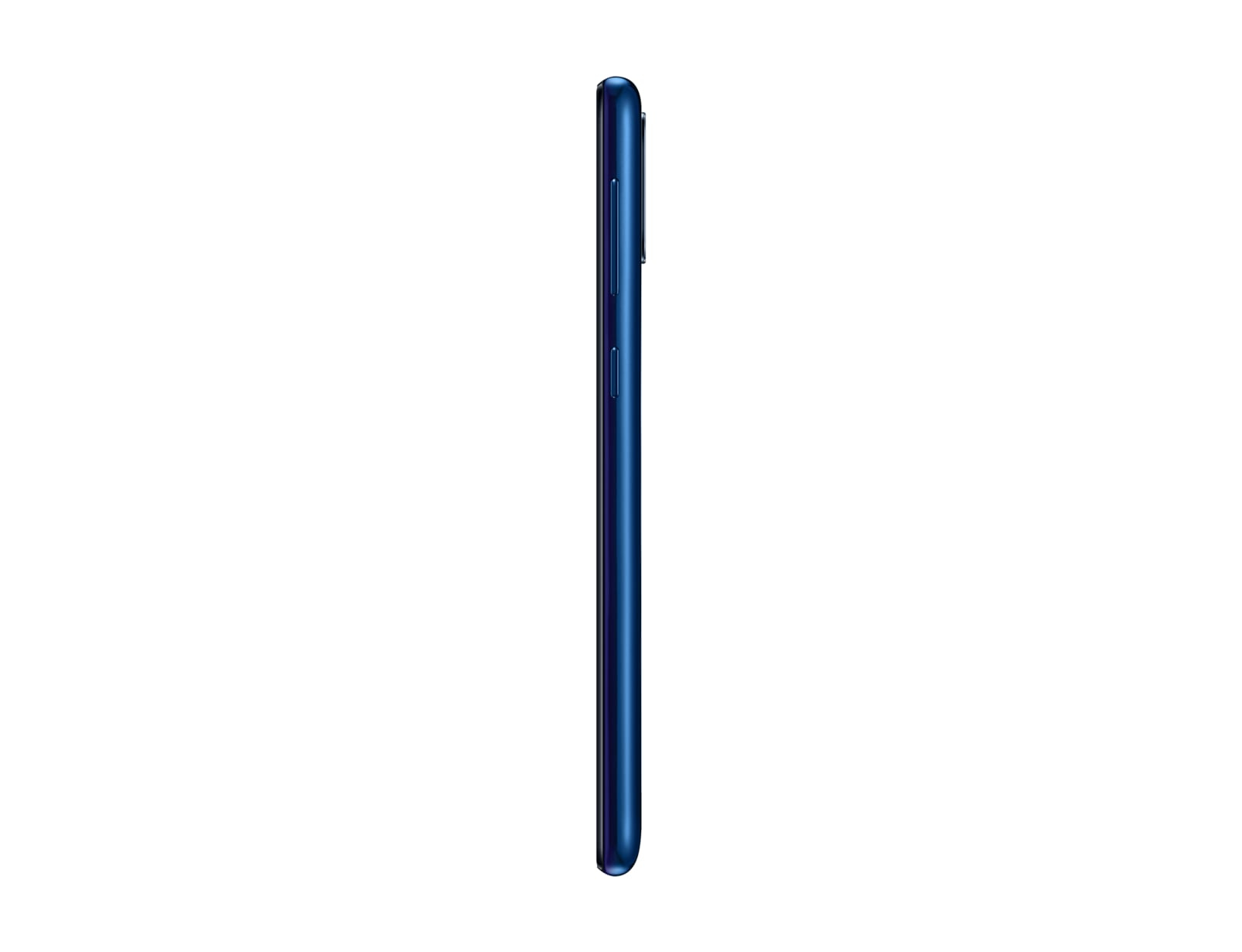 Seitenansicht eines dunkelblauen Smartphones. Lautstärke- und Ein-/Aus-Tasten sind sichtbar.