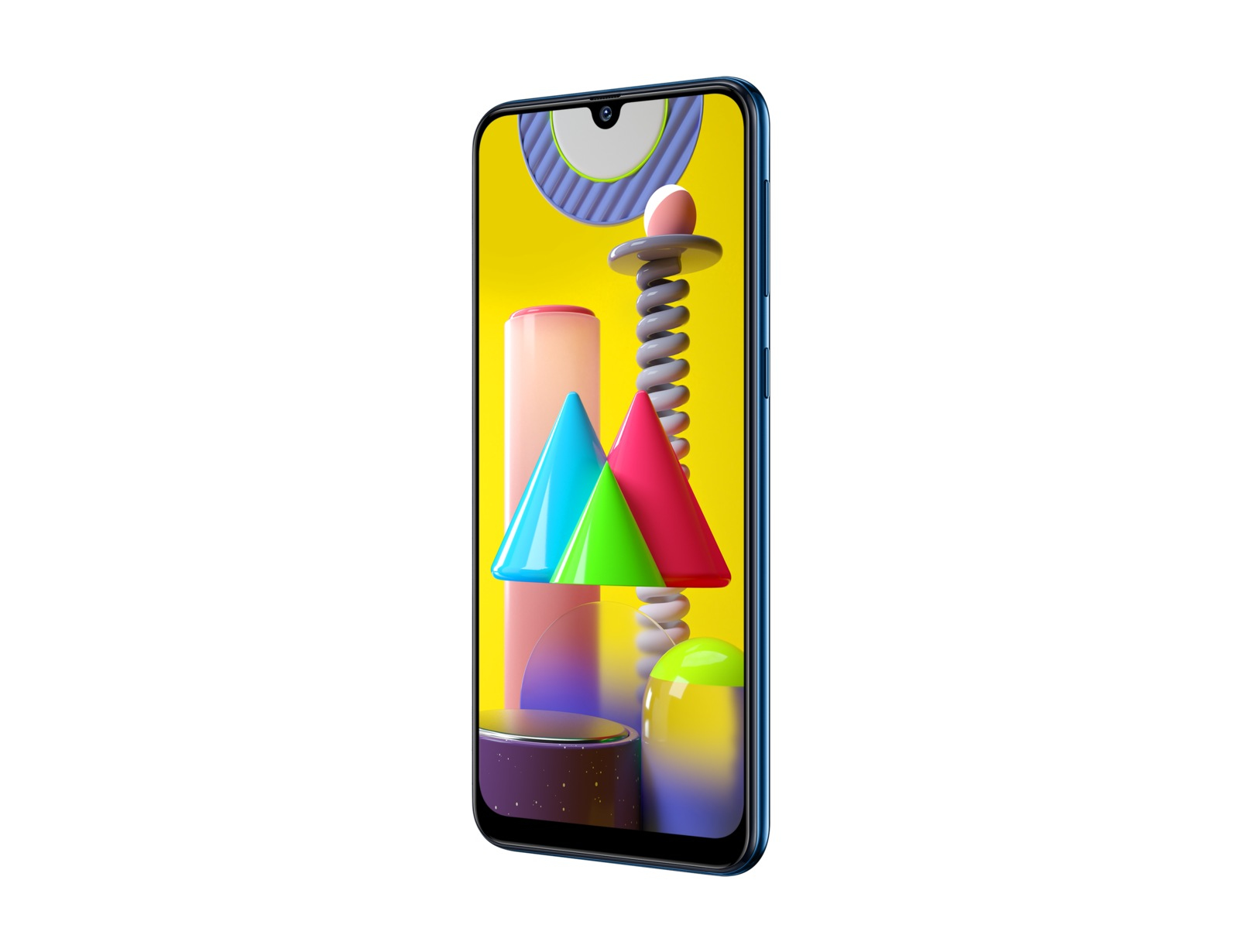 Telefonbildschirm, farbenfrohes abstraktes Design, Seitenansicht, weißer Hintergrund.