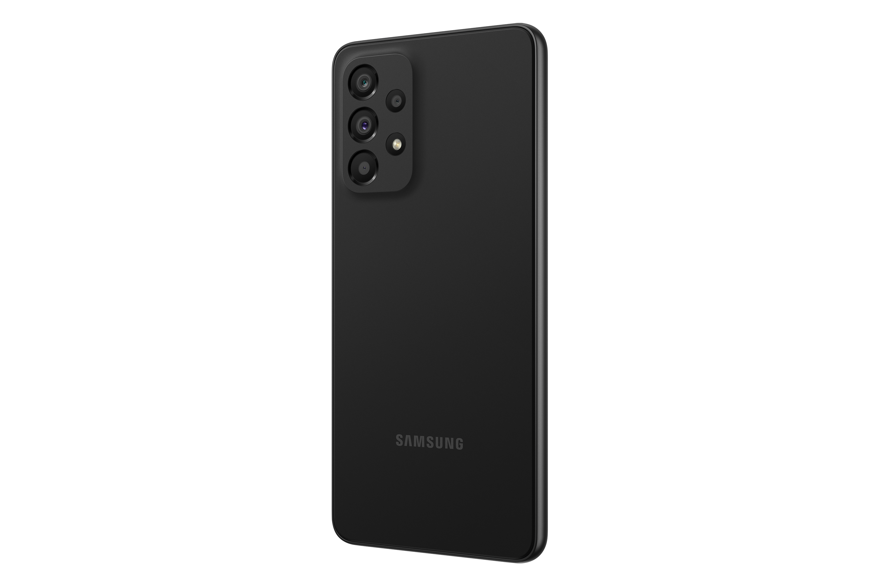 Czarny smartfon, widok z tyłu. Wiele kamer u góry po lewej. Logo Samsung na dole.